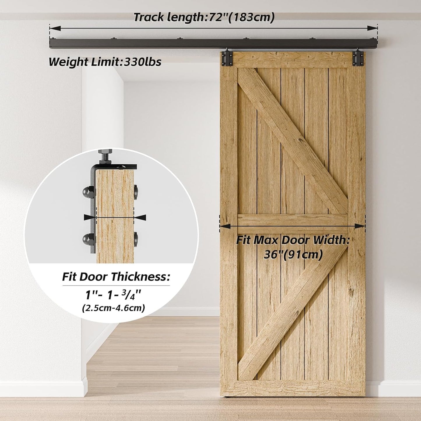 CCJH 6.6FT/79'' Box Rail Sliding Barn Door Hardware Kit Aluminium Alloy Wall Mount, Smooth and Heavy Duty for Single Door