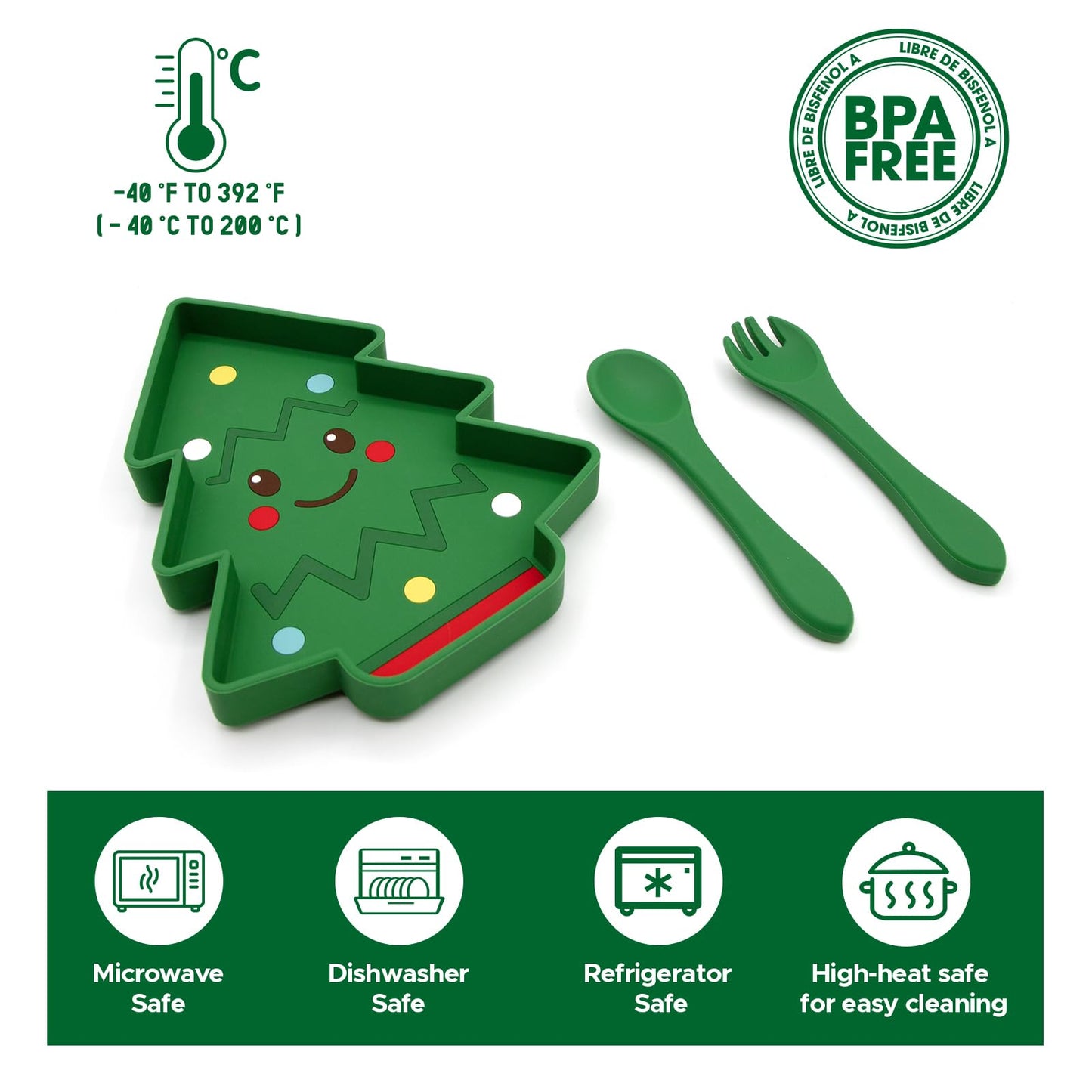 BabyX Baby Silicone Feeder Set, 3-pcs Christmas-themed Baby Plate with Suction, Spoon and Fork for Babies Toddler Kids, BPA-Free, Baby Utensils Feeding Supplies, Microwave and Dishwasher Safe