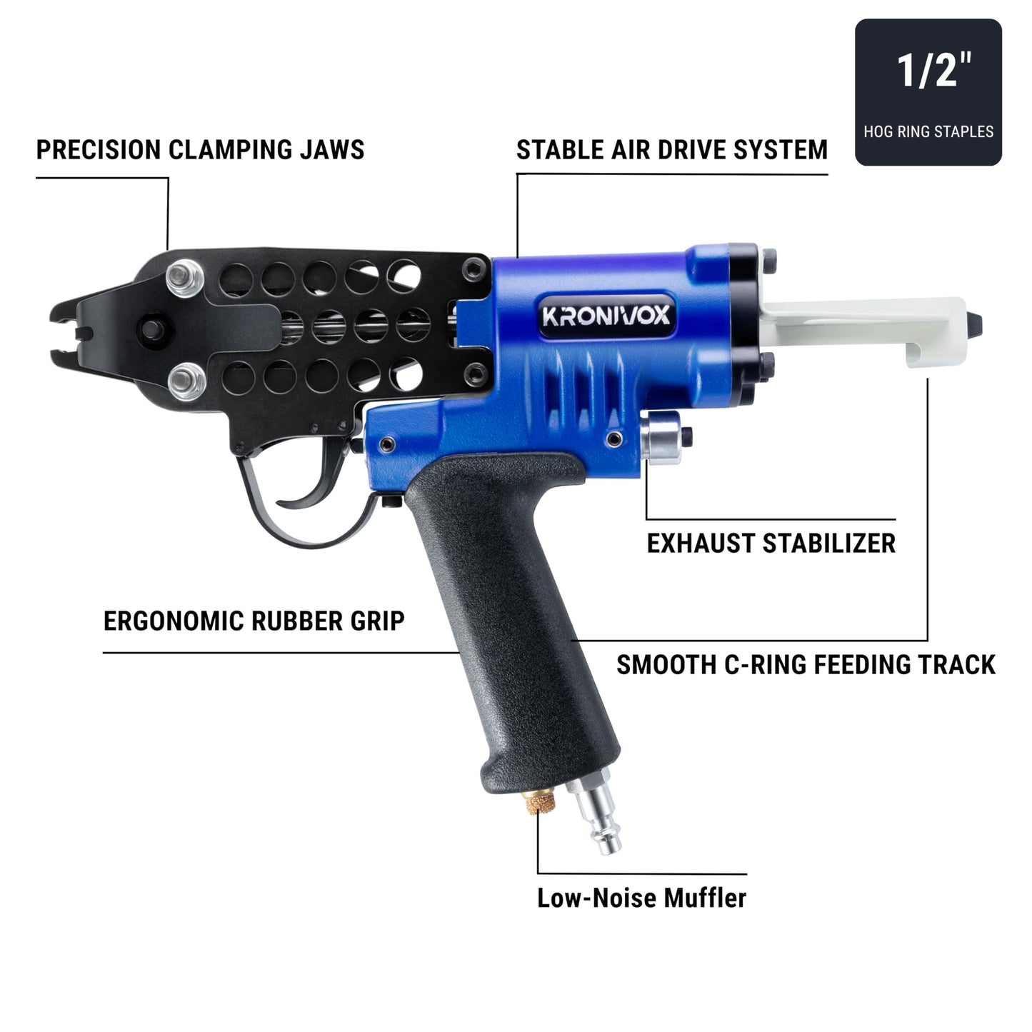 Kronivox Pneumatic Hog Ring Pliers, 16-Gauge 1/2" Crown C-Ring Stapler, 2.6–3.6 mm Closure, Lightweight Hog Ring Gun for Upholstery, Pet Cages & Bag Closing