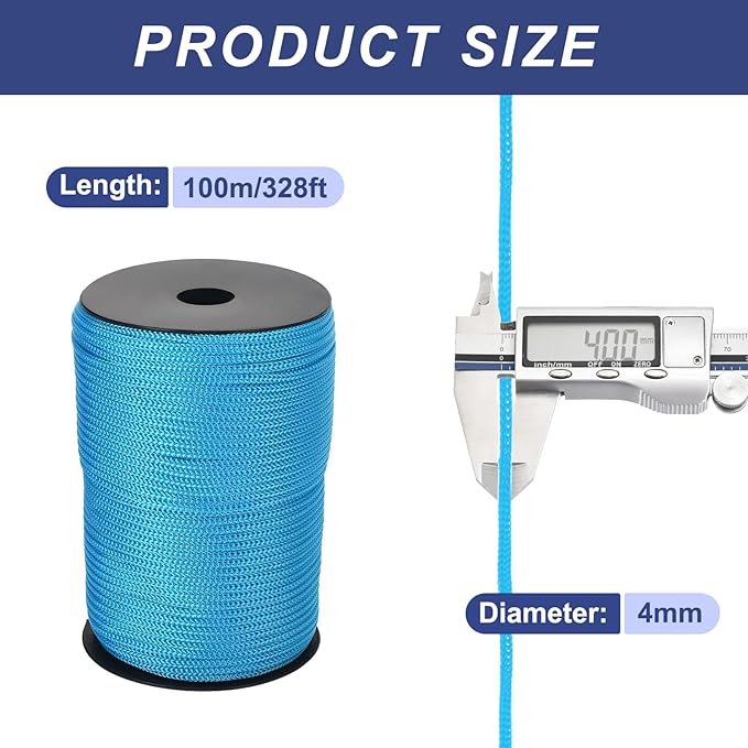 MECCANIXITY 5/32 Inch Polypropylene Rope Braided Ropes, 328ft Camping Rope Hollow Utility Cord for Clothesline, Hiking, Outdoor, Lake Blue