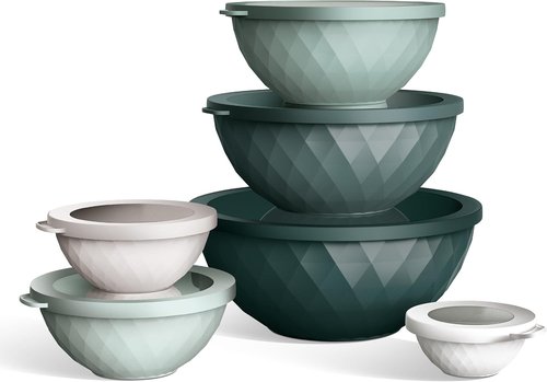 COOK WITH COLOR Mixing Bowls - 12-Piece Plastic Nesting Set with Lids, Microwave Safe, Green Diamond