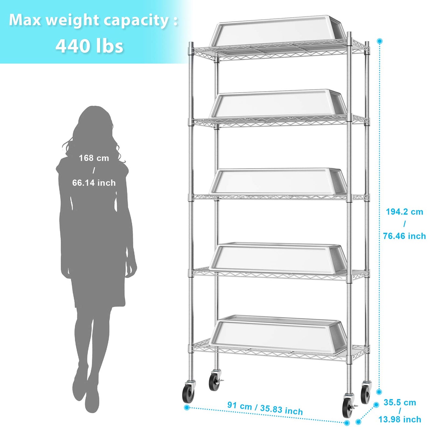 Auslar 5-Shelf Storage Shelves with Casters Heavy Duty 5 Tiers Rolling Cart Utility Racks Adjustable Wire Metal Shelving, 14" x 36" x 76.5", Chrome