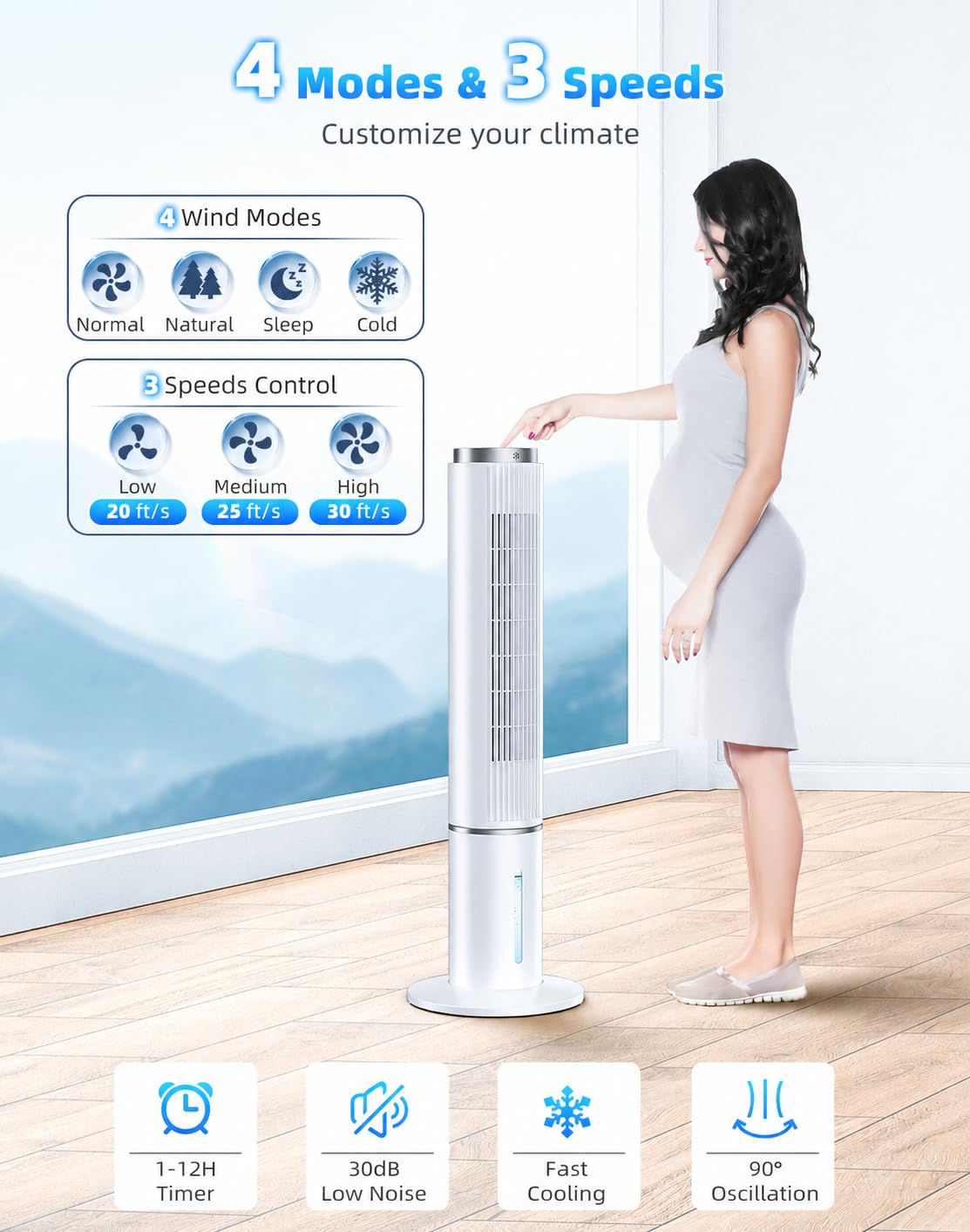 COOLECH 42 INCH Portable Swamp Cooler Air Conditioner w/4 Modes & 3 Speeds, 1-Gal Tank for 15H Cooling Evaporative Air Cooler, 12H Timer, Remote, 90° Oscillating Windowless Air Conditioner for Bedroom