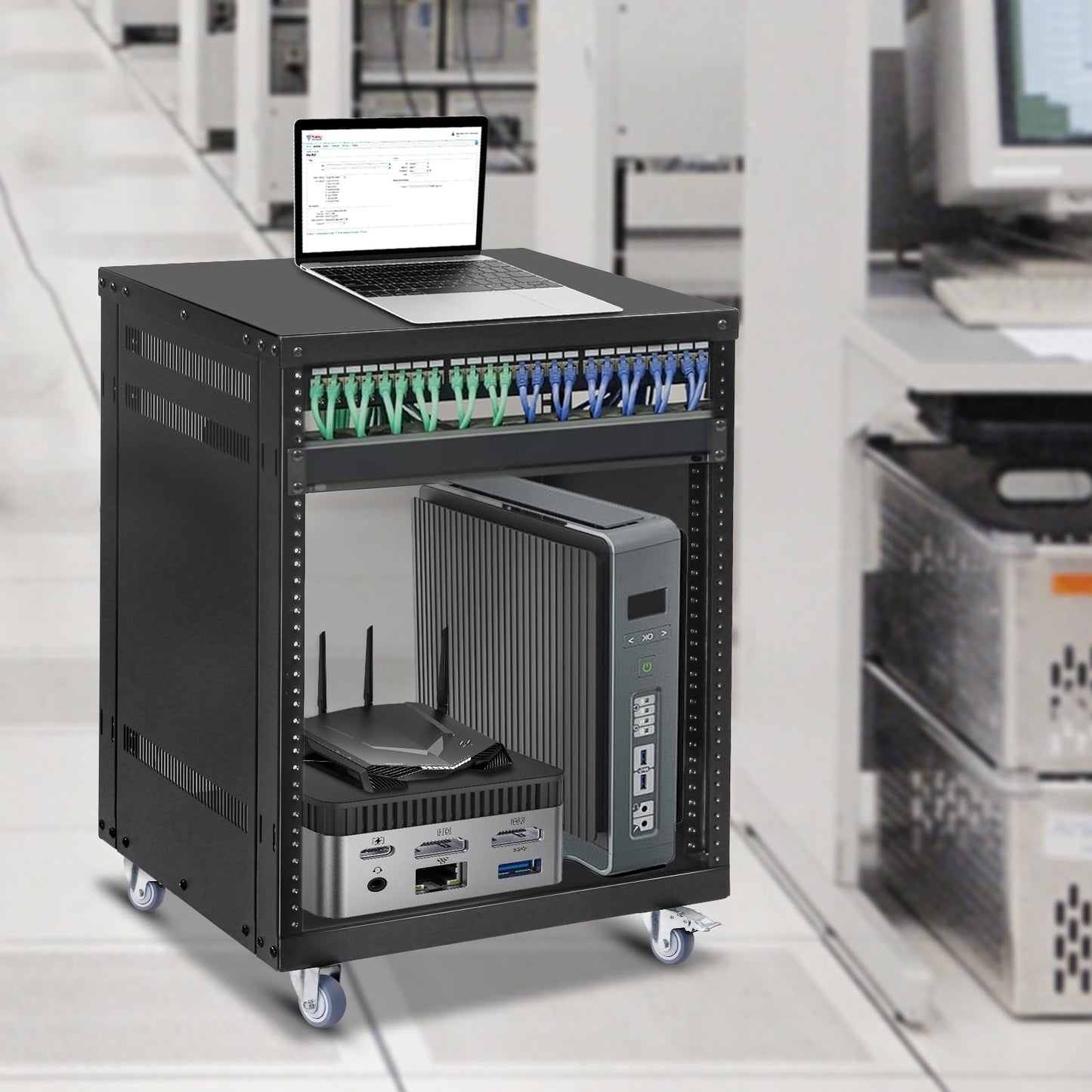 12U Rack with Caster Wheels, Heavy-Duty AV Rack with Adjustable Steel Shelf, Open Frame Server Rack for IT, AV, Data & Computer Equipment, 500lb Capacity, 19.7" W x 17.7" D x 26.8" H