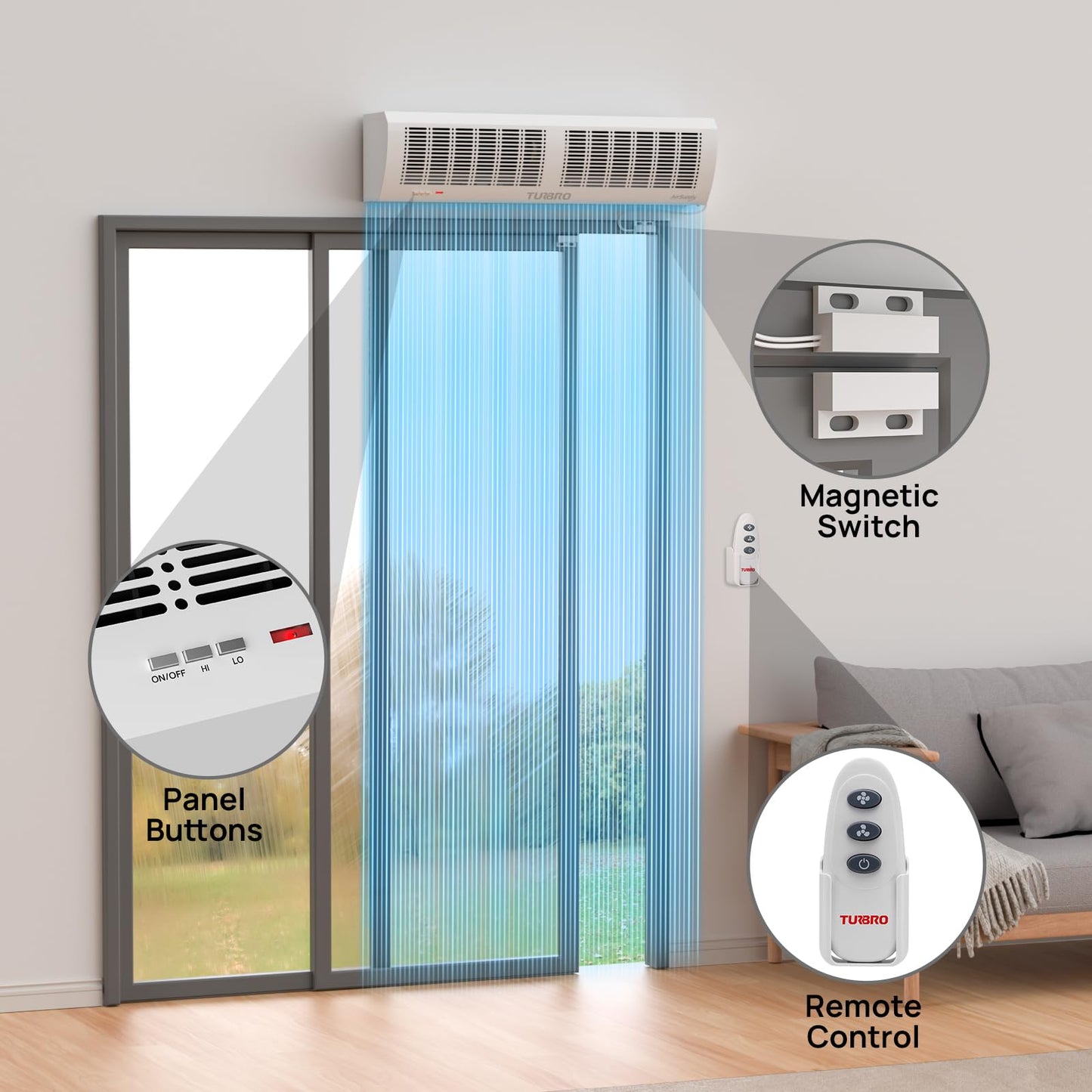 TURBRO 48-Inch Air Curtain Fan, Wall-Mounted Commercial Air Door with Magnetic Switch, 1530 CFM, Heavy-Duty Indoor Over Door Fan for Energy Efficiency, Dust, and Insect Control