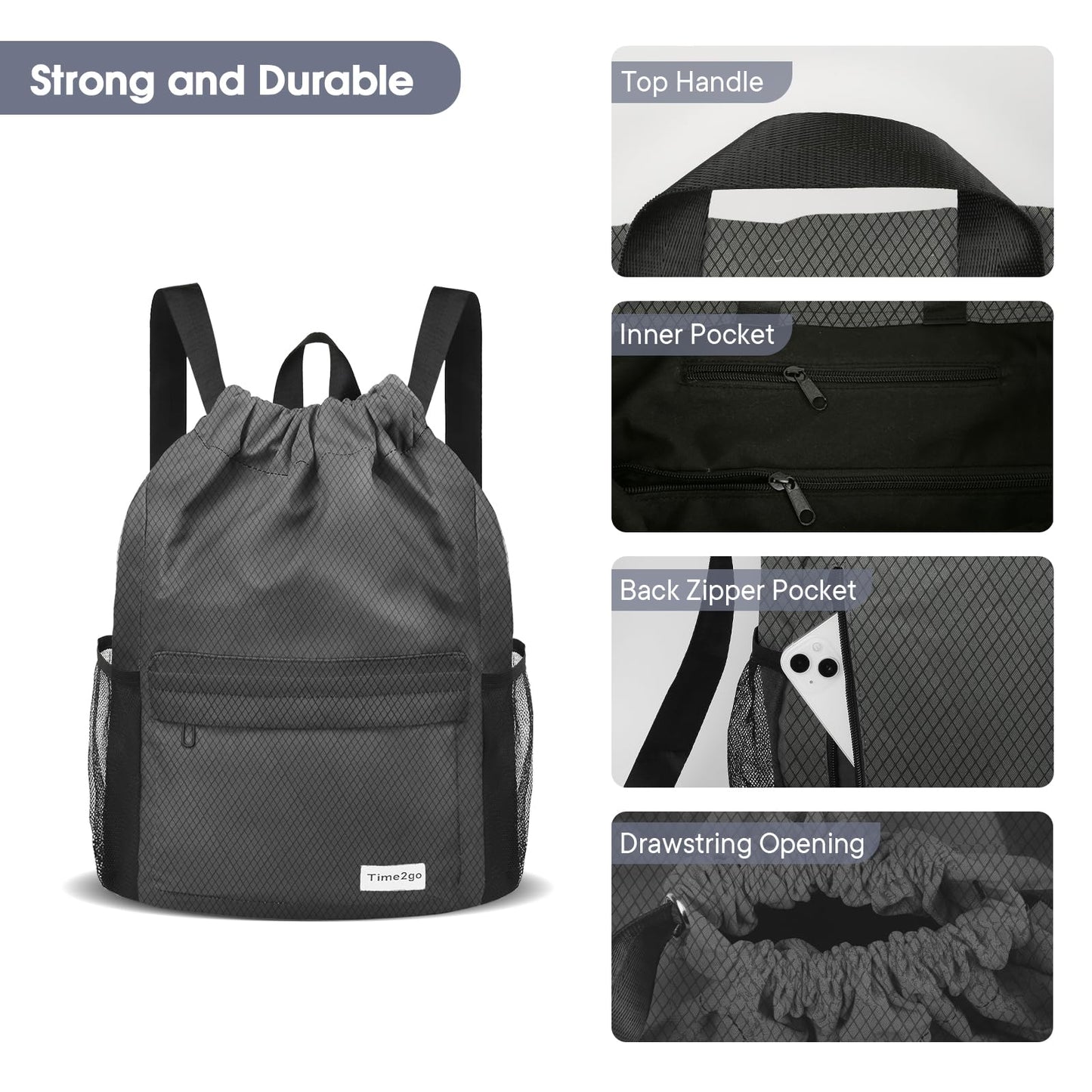 time2go Waterproof Drawstring Backpack Sports Gym Sackpack with Mesh Pockets Water-Resistant String Cinch Beach Bag for Men Women