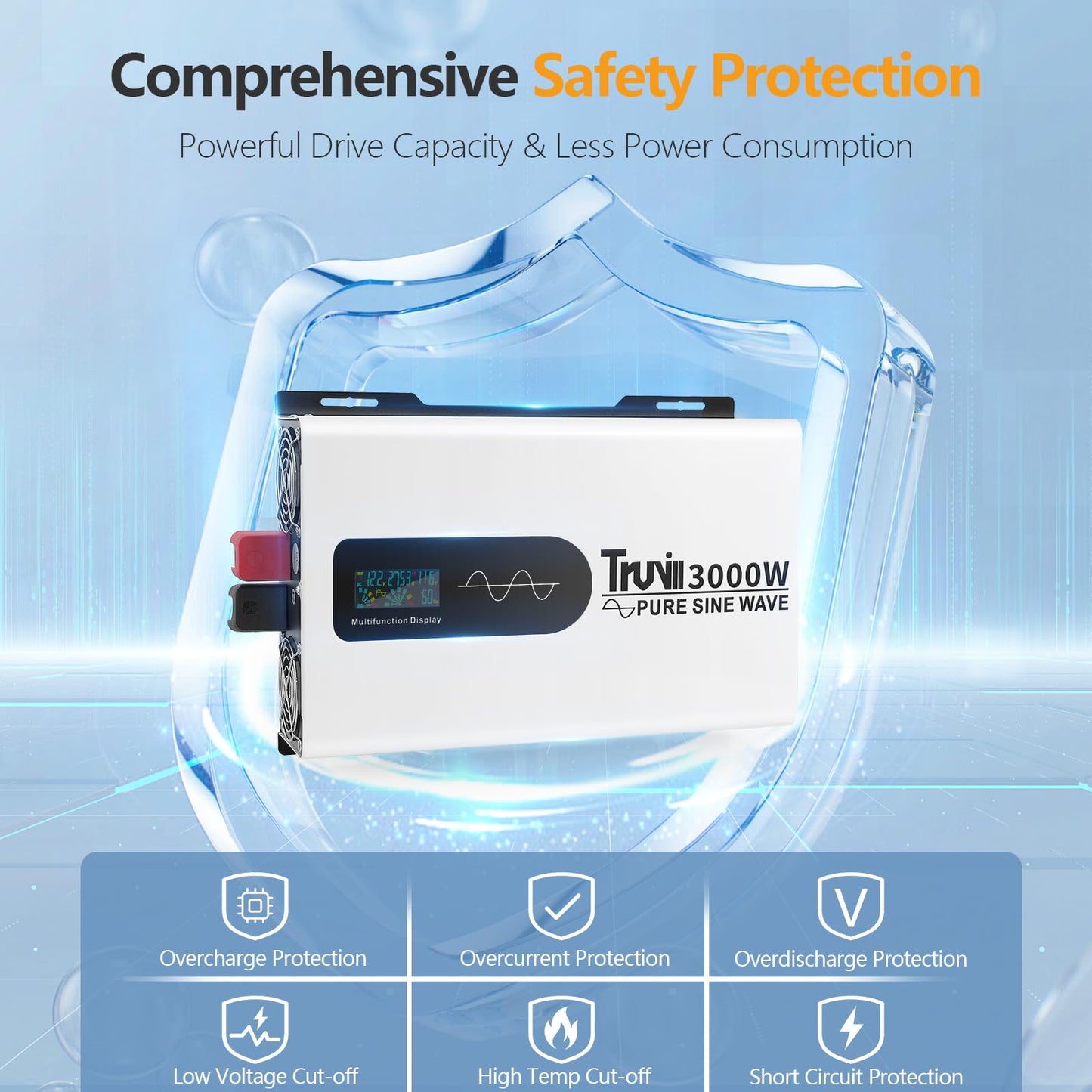 12V 3000W Pure Sine Wave Inverter with LED Smart Monitor Power Inverter 12V to 110V Solar Inverter for Home RV Truck Off-Grid Battery Inverters