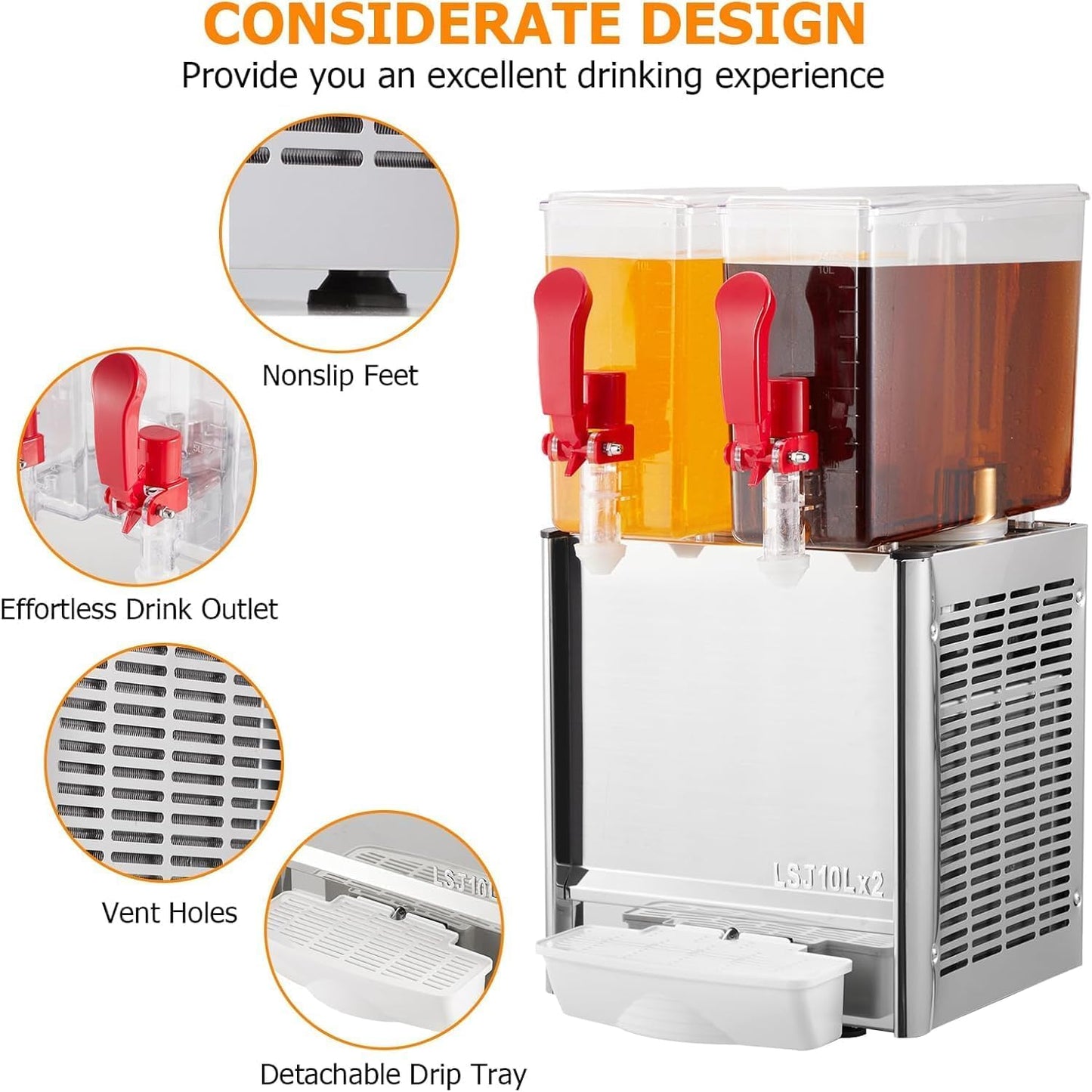 Dual 10L Refrigerated Beverage Dispenser with Mixer & Infuser | Stainless Steel Drink System w/Thermostat Control + Ice Storage
