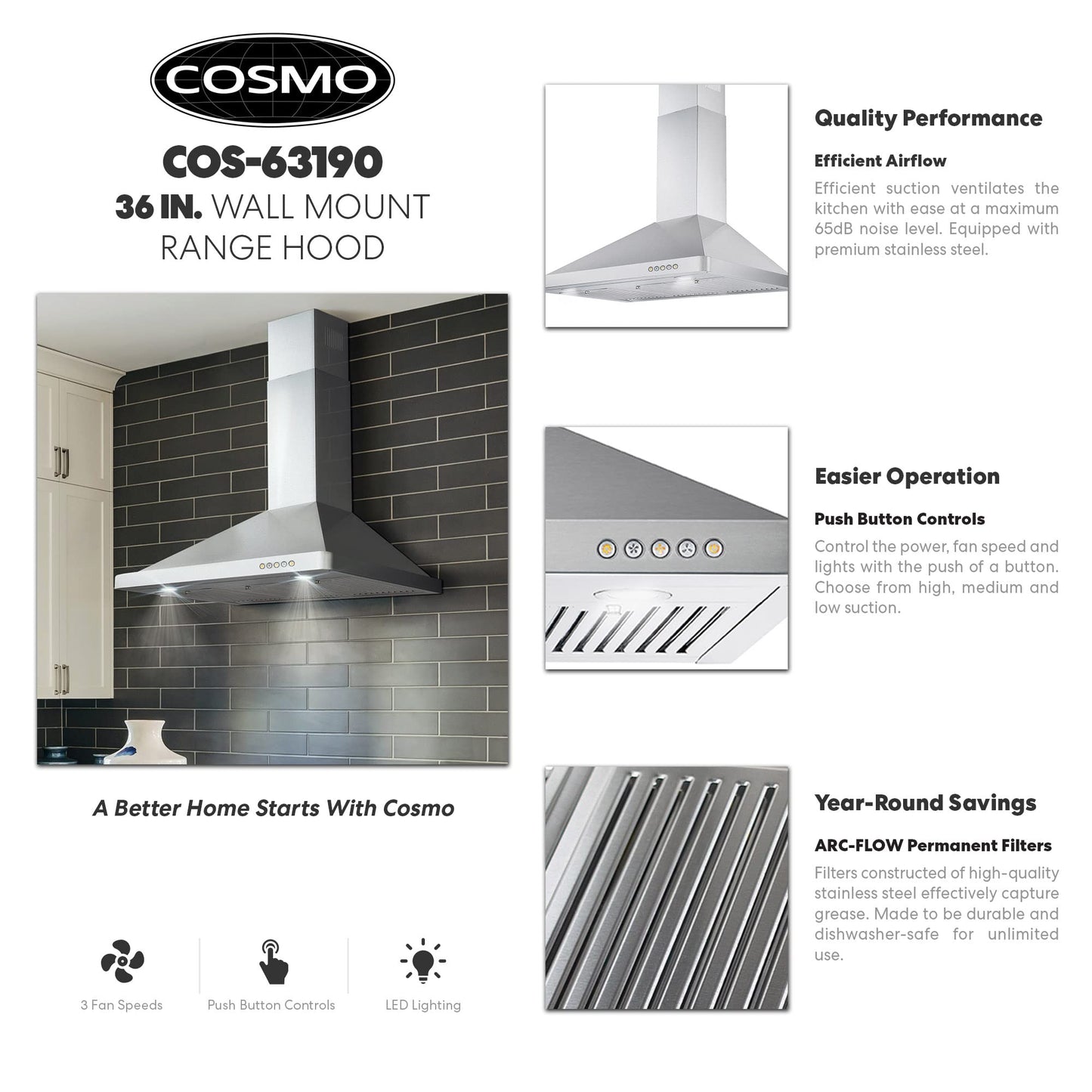 COSMO COS-63190 36 in. Vista Collection 380 CFM Ducted Wall Mount Range Hood, Button Controls, LED Lights, Stainless Steel