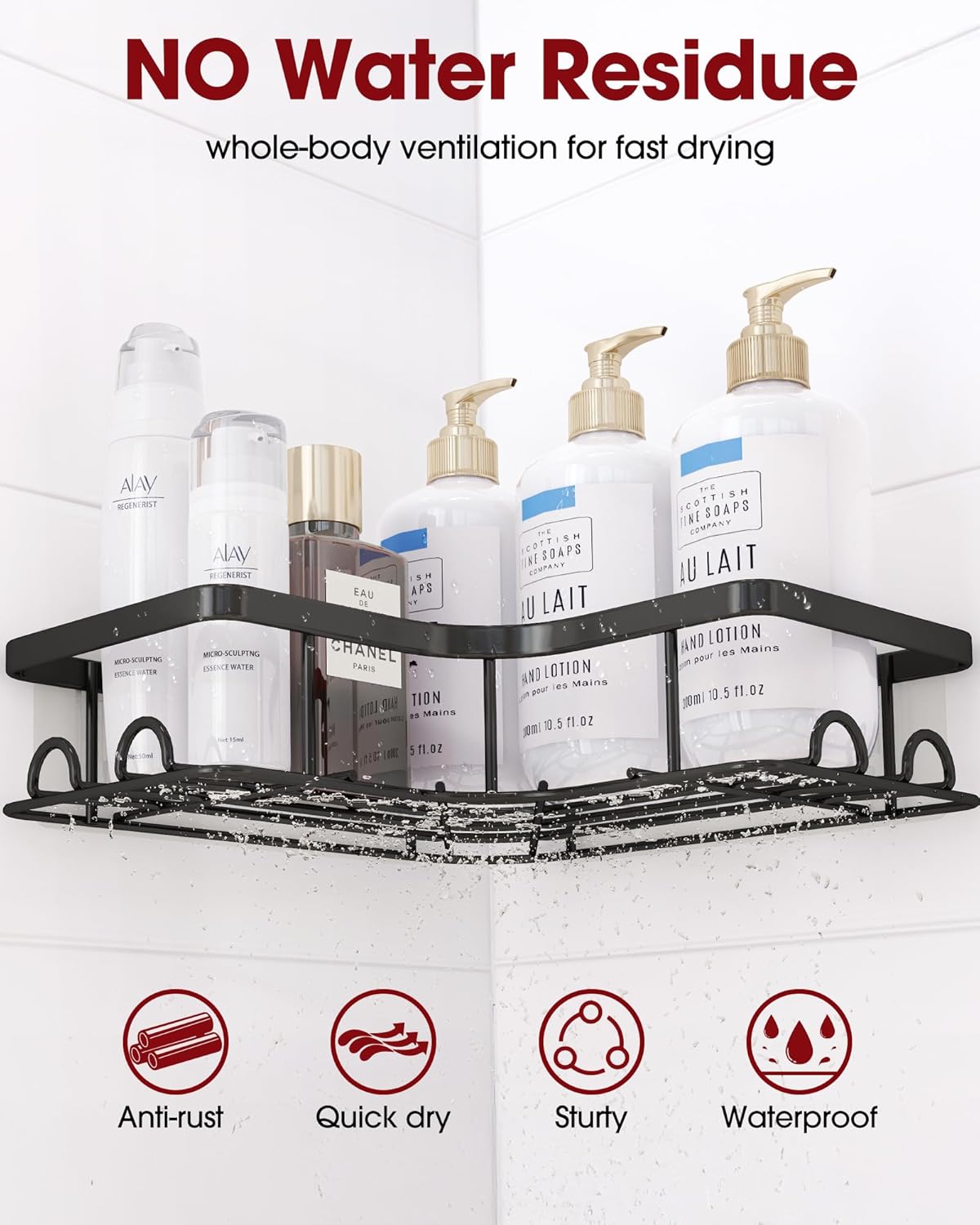 Sakugi Corner Shower Caddy - Rustproof Stainless Steel Organizers with 8 Hooks | No-Drill, Space-Saving, Black, 2 Pack