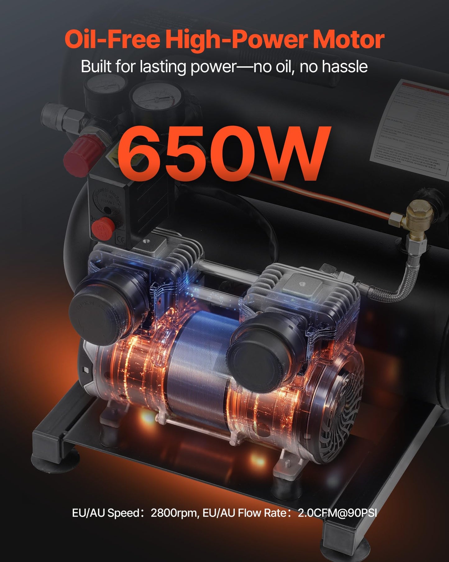 VEVOR Air Compressor, 4.6 Gallon Steel Tank, 1HP 2.2CFM@90 PSI Oil Free Air Compressor & Max 120PSI Pressure, 80dB Ultra Quiet Portable Compressor for Auto Repair, Tire Inflation, Spray Painting, 120V