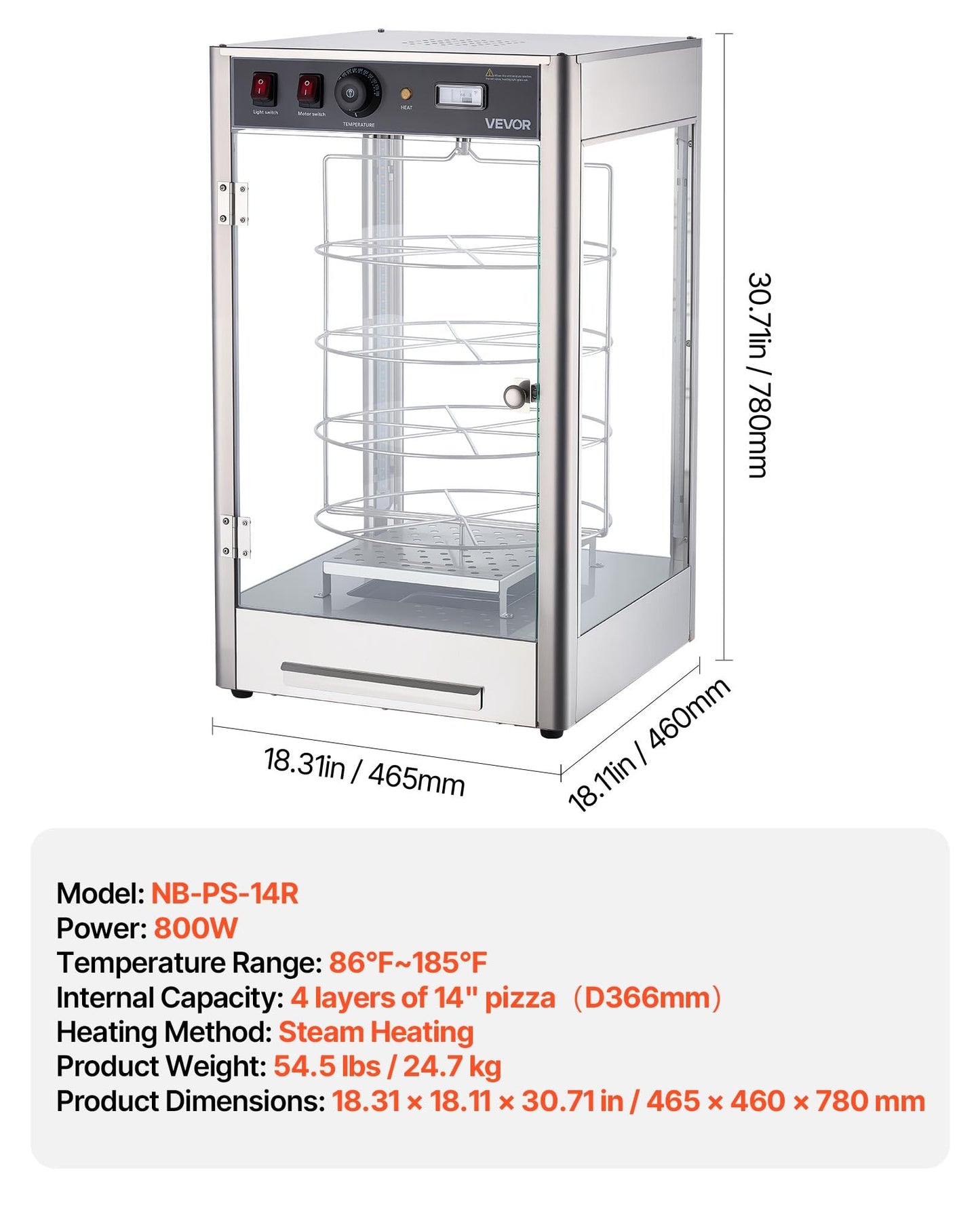 VEVOR Commercial Food Warmer Display, 4-Tier Pizza Warmer with Rotary Steam Heating for 14 in Pizza, 86℉~185℉ Temperature Control and Temp Display, 25W Oven Light + Top LED for Pizza Shop, Restaurant