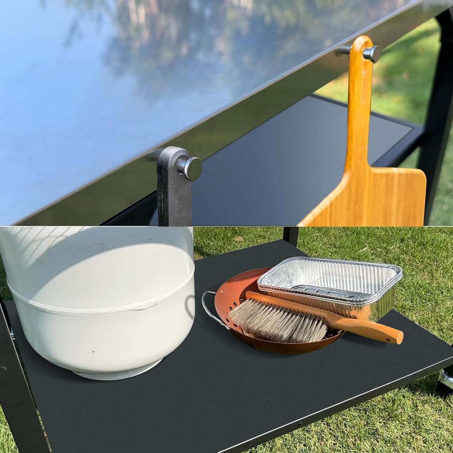 Pizza Oven Table for Ooni, Ninja, Woodfire, Blackstone, Bighorn, Cuisinart, Outdoor Grill Table for Ooni Pizza Oven Accessories, Movable Pizza Oven Stand as Food Prep Cart, Barbecue Tool Set