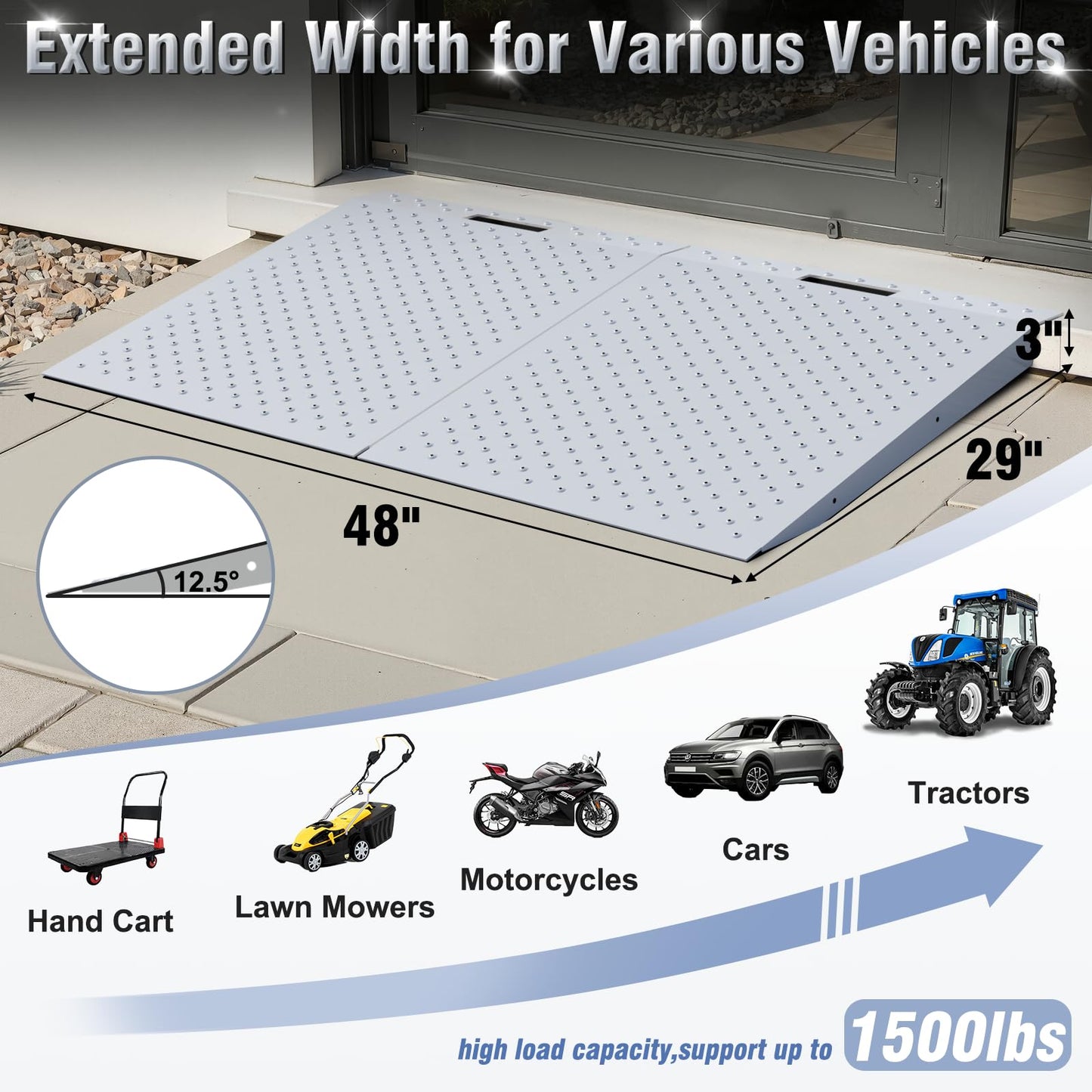 TOCRETOARE Shed Ramp, Heavy-Duty Loading Ramps for Lawn Mower, 29" L x 24" W Curb Ramp with Anti-Slip Punch Plate, 1500 lbs Capacity (29" L x 48" W)