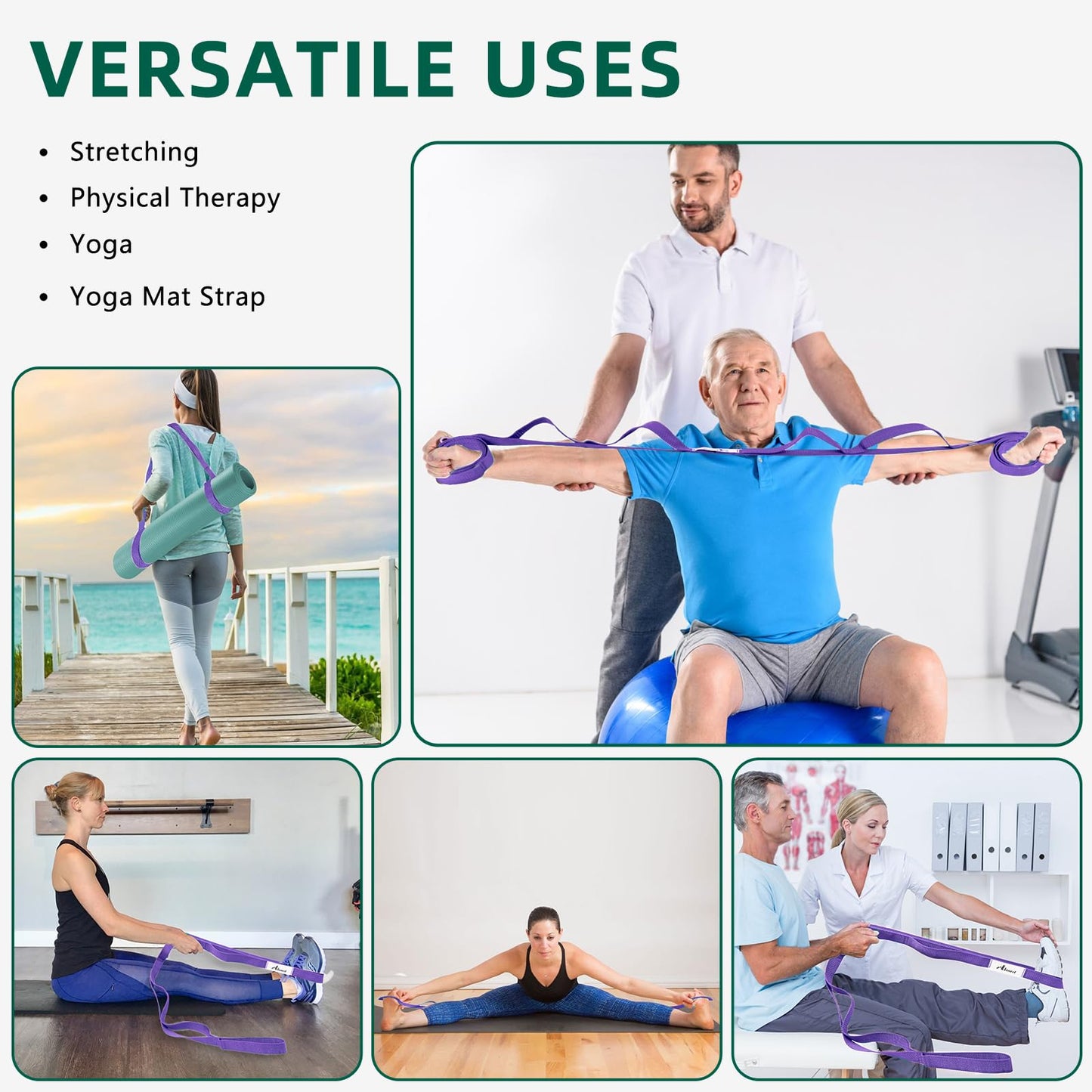 Abiarst Stretching Strap Yoga Straps for Physical Therapy, 10 Loops Non-Elastic Stretch Band for Pilates, Flexibility, Exercise and Gymnastics (Purple)