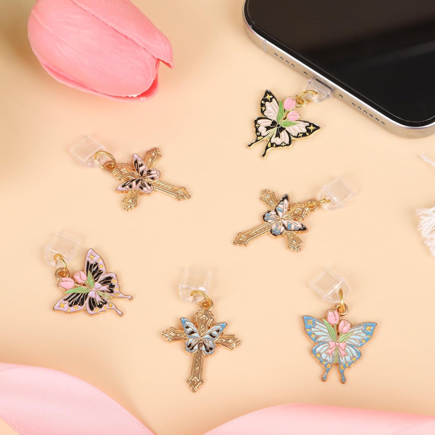 6 Butterfly Dust Plug Charm - Pcs Butterfly Flower Cross Dust Plug Charm Type C With Kindle and Phone Usb C Charging
