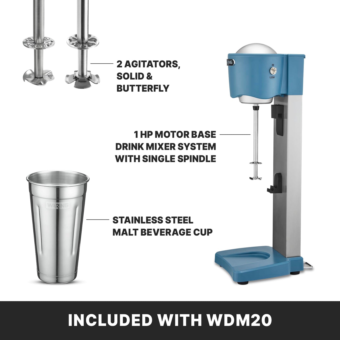 Waring Commercial Light-Duty Single Spindle Milkshake Maker Machine, 1 Horsepower Motor, 2-Speed Controls, Milkshake Maker Machine for Ice Cream Shops, WDM20