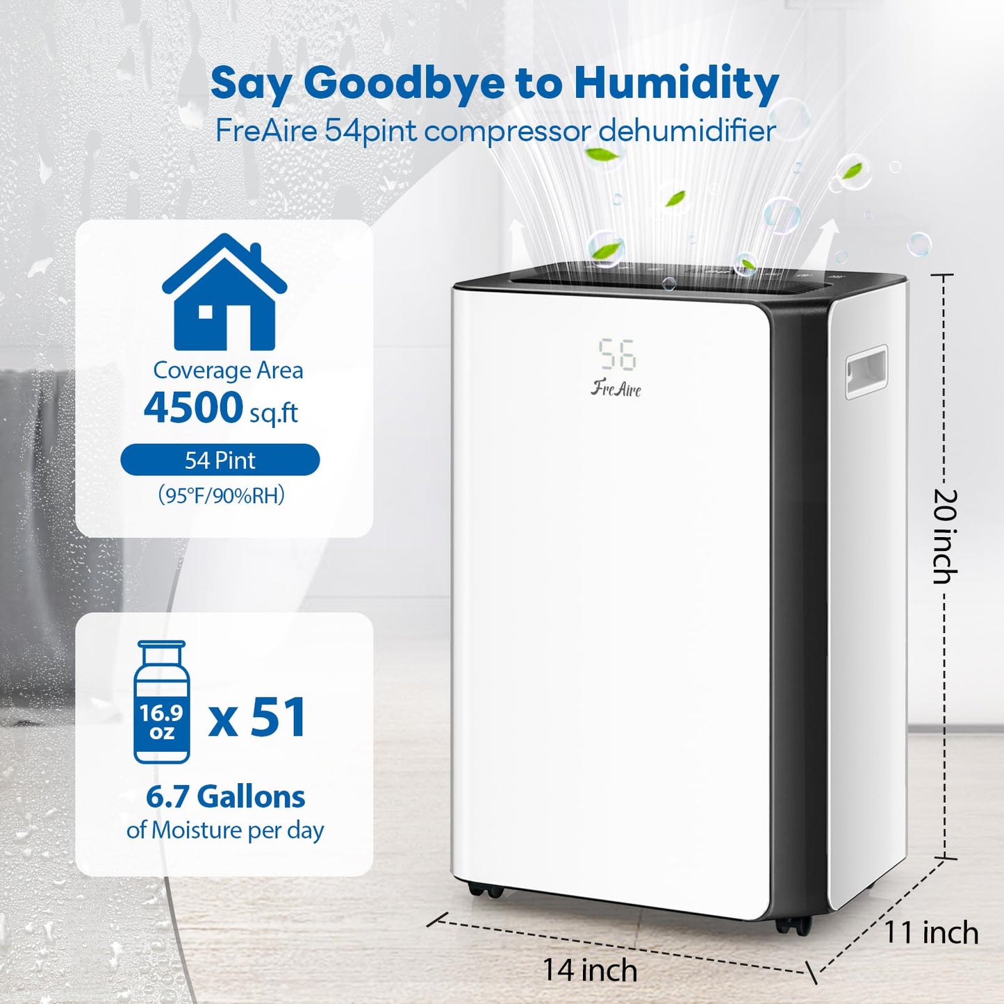 FreAire 54Pint Dehumidifier for 4500Sq.Ft, Compressor Dehumidifiers for Home, Front Humidity Value Display&Quiet Dehumidifier for Basement, Bedroom, Bathroom, with Drain Hose, 1.13 Gallon Water Tank