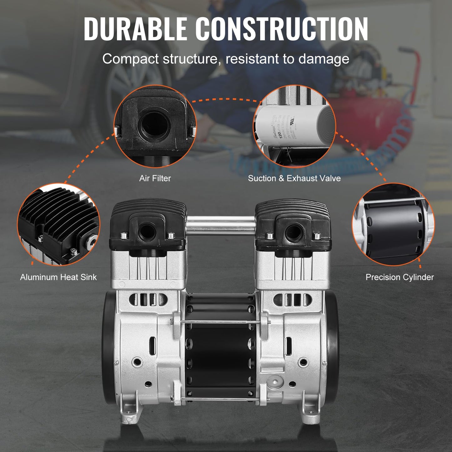 VEVOR Air Compressor Motor, 2HP 5.2CFM @ 90PSI Oil Free Air Compressor Pump & Max. 145PSI Pressure, 78dB Ultra-Quiet Compressor Motor for Auto Repair, Tire Inflation, Spray Painting, Woodwork Nailing