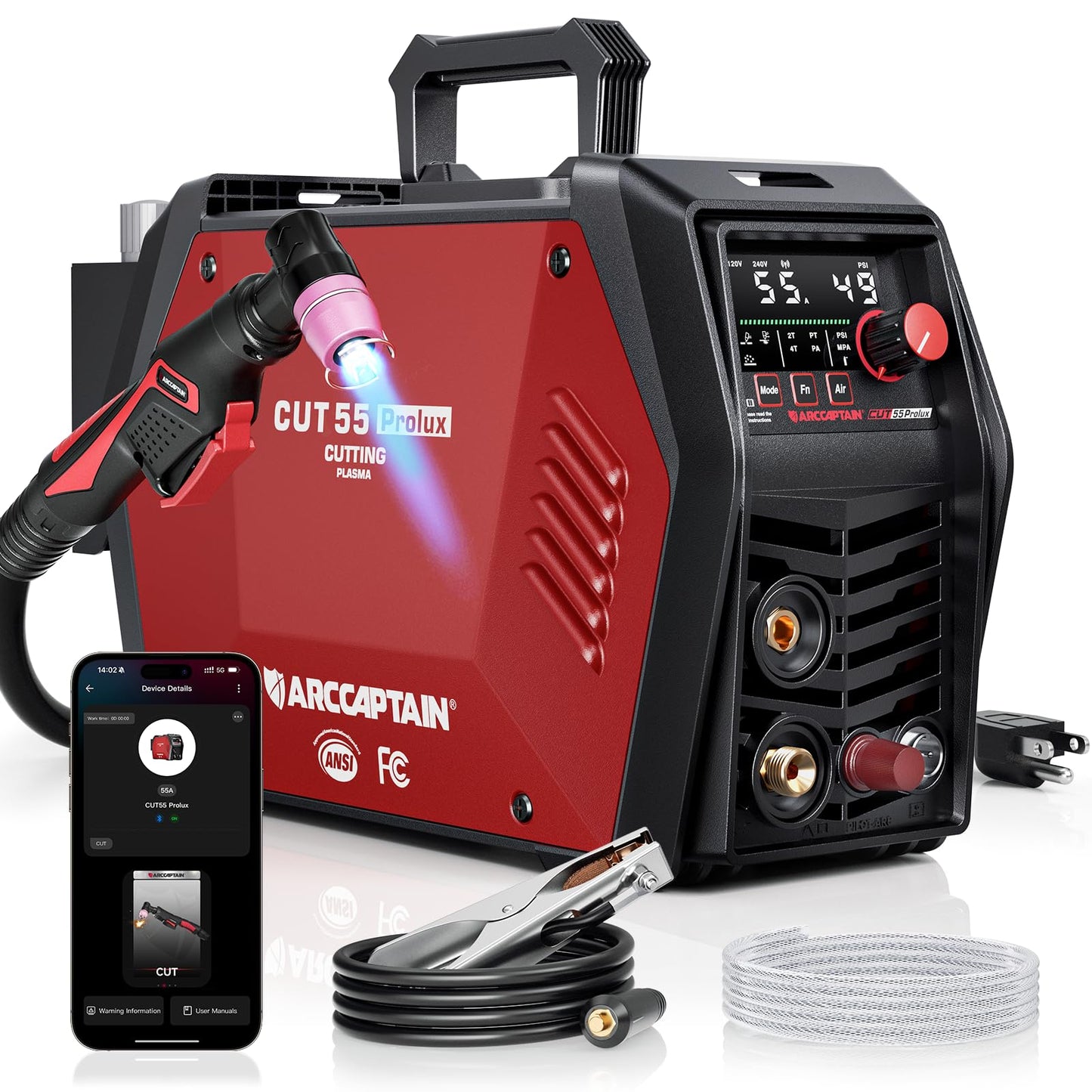 ARCCAPTAIN iControl CUT55 Prolux Plasma Cutter Machine, [APP Control] 55 Amp Non-Touch Pilot Arc, 120V/240V, Upgraded LED Display, Expanded Metal, Rust Removal, Air Pressure Detection for Home DIY