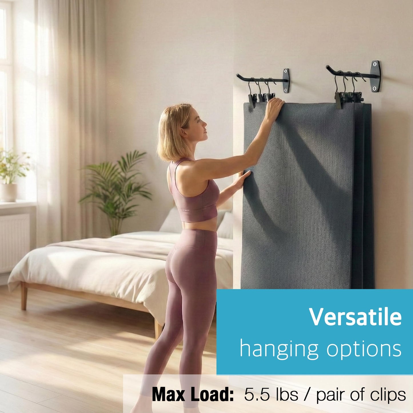 Yoga Mat Holder Wall Mount: 4 Pack Heavy Duty Metal Hooks & 12 PCS Clips for Yoga Mat (<5.5 lbs), Eyelet Mats, Foam Rollers & Gym Equipment Storage - Hanging Exercise Mat Rack & Organizer for Fitness Workout