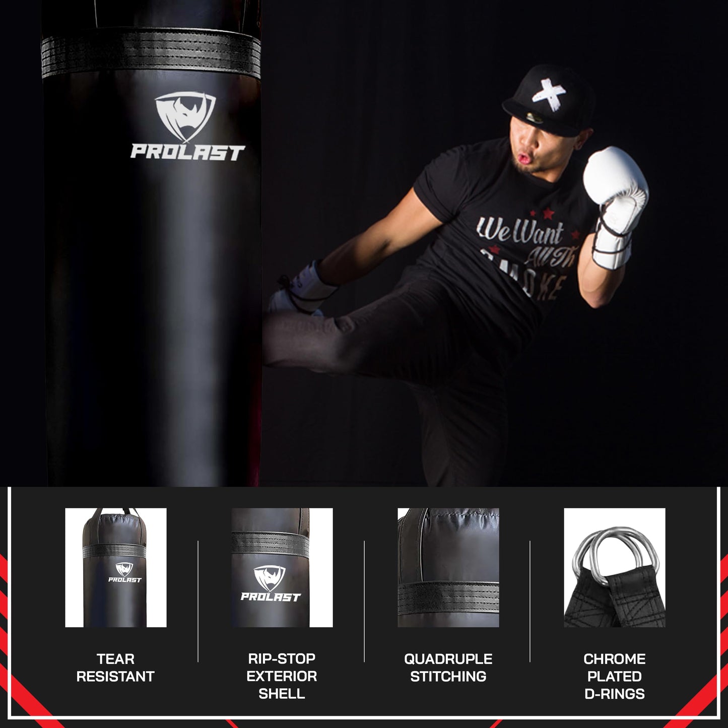 PROLAST Punching Bag for Experienced and Beginners, Boxing, MMA, Martial Arts, Muay Thai Training Equipment, Hanging, Filled, 3ft, 50 lbs, Rhino Logo, Black/Black