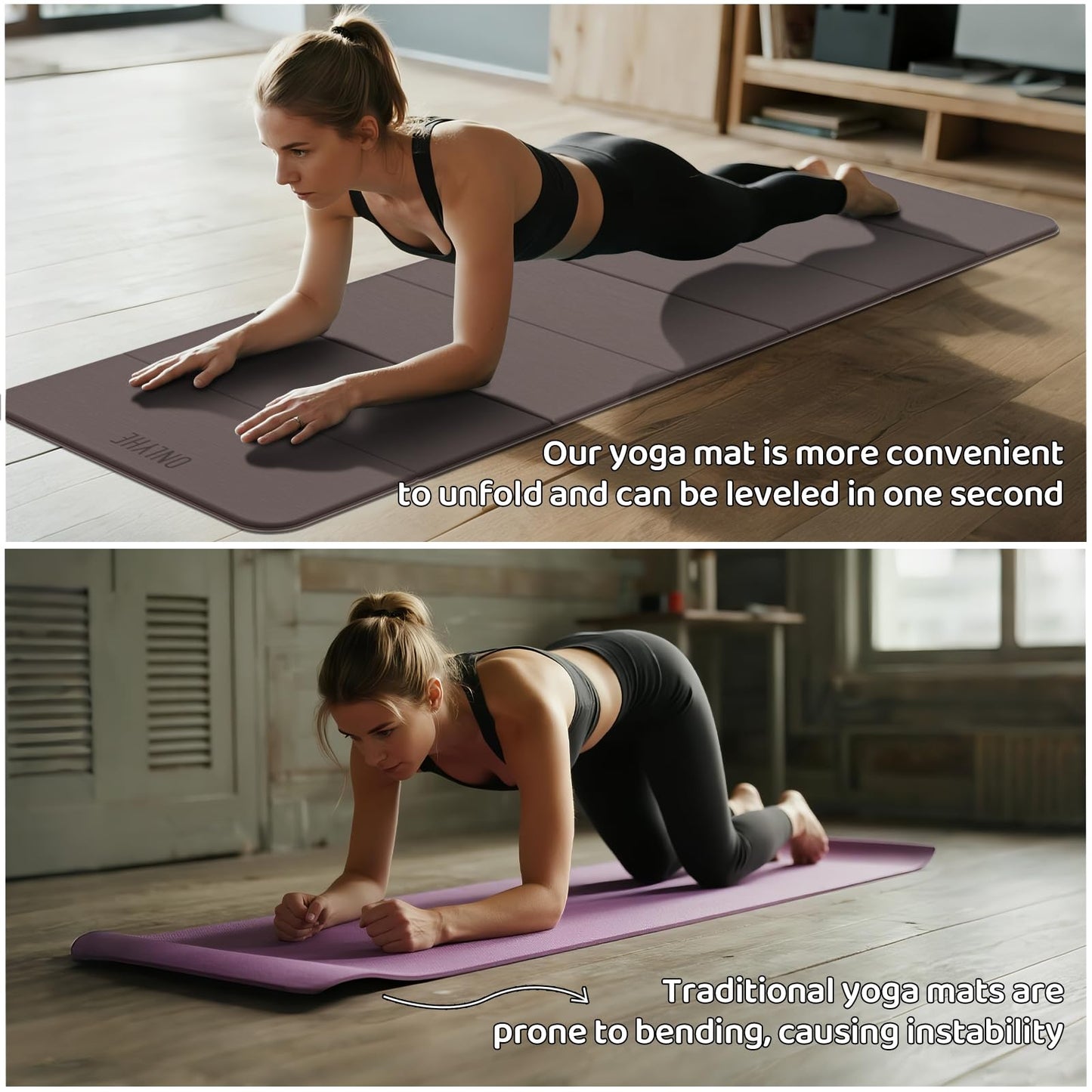 ONLYHE Foldable Yoga Mat Exercise Mat for Home Workout, Comfortable and Durable, 8mm Thick Portable Folding Mat, Non-Slip, Pilates Mat Thick, Outdoor Use, Meditation, Travel, Camping (71"x24" x 0.3") (Light brown + Beige)