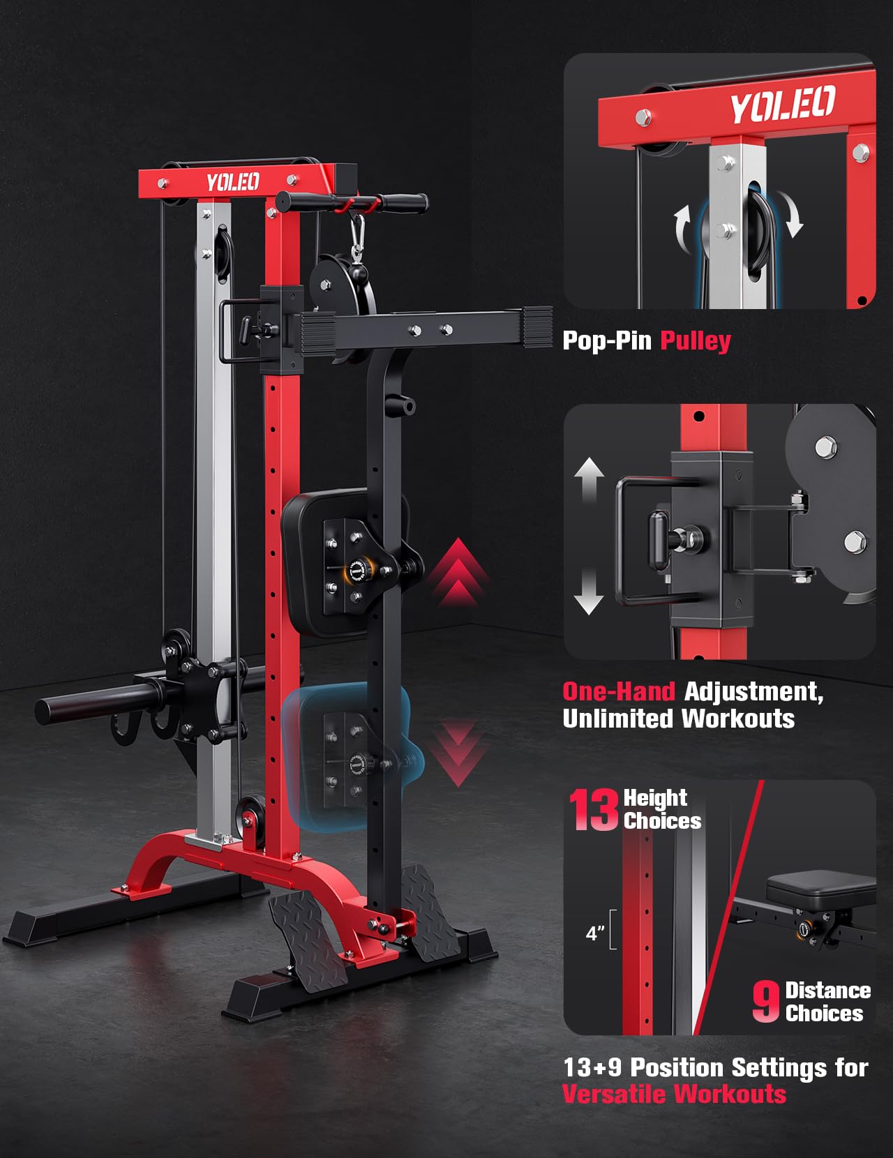 YOLEO Cable Machine Home Gym 2 in 1, Rowing Machine & LAT Pulldown Station with High/Low Pulley, 450 Lbs Loaded, Foldable Compact Design, Includes LAT Bar & Tricep Rope