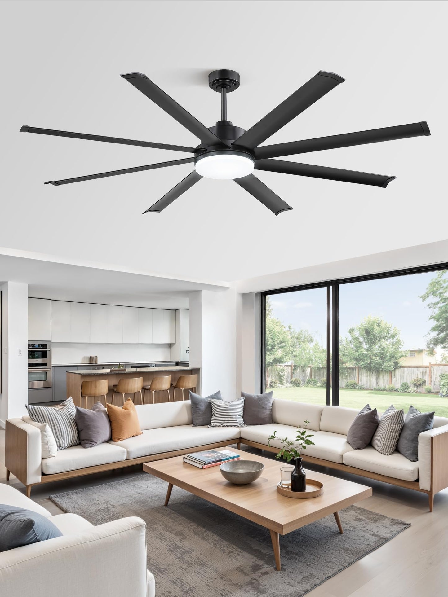 ZMISHIBO 72 Inch Ceiling Fan with Light, Large Industrial Ceiling Fan with Modern 8 Black Aluminum Blades, 3000-6000K Dimmable, 6 Speeds, Smart Fan Light Compatible with Alexa for Patio Living Room