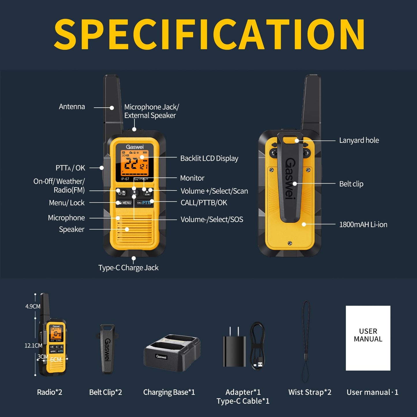 Gaswei G2pro+ IP67 Waterproof Floating Heavy Duty Walkie Talkies Long Range for Adults FRS Double PTT，FM radio,SOS,NOAA weather Rechargeable Two Way Radios 2 watts,VOX,Li-ion Battery (2 Pack - Yellow)