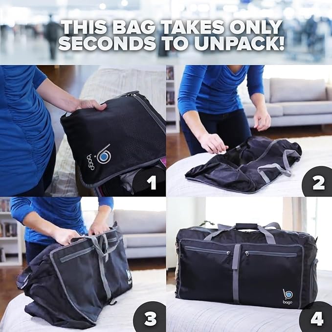 Bago Large Foldable Duffel Bags for Traveling Women & Men - 80L Packable Duffle Bag for Travel with Shoe Compartment - Water Repellant, Heavy Duty, Lightweight Folding & Collapsible (Purple)