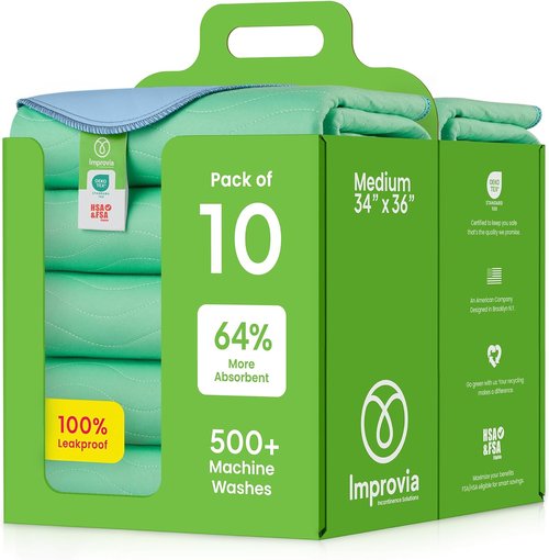 IMPROVIA® Washable Underpads - Heavy Absorbency Reusable Bedwetting Pads | 34" x 36" (Pack of 10) for Kids, Adults, and Pets