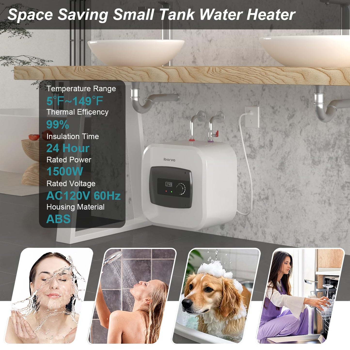 Electric Small Tank 8 Gallon Water Heater,Cabinet Under Sink Instant Hot Water for RV Trailer Camper, Kitchen, Food Truck,120V 1500W Can Shower Alone Set Complete & 304 Stainless Steel(30L)