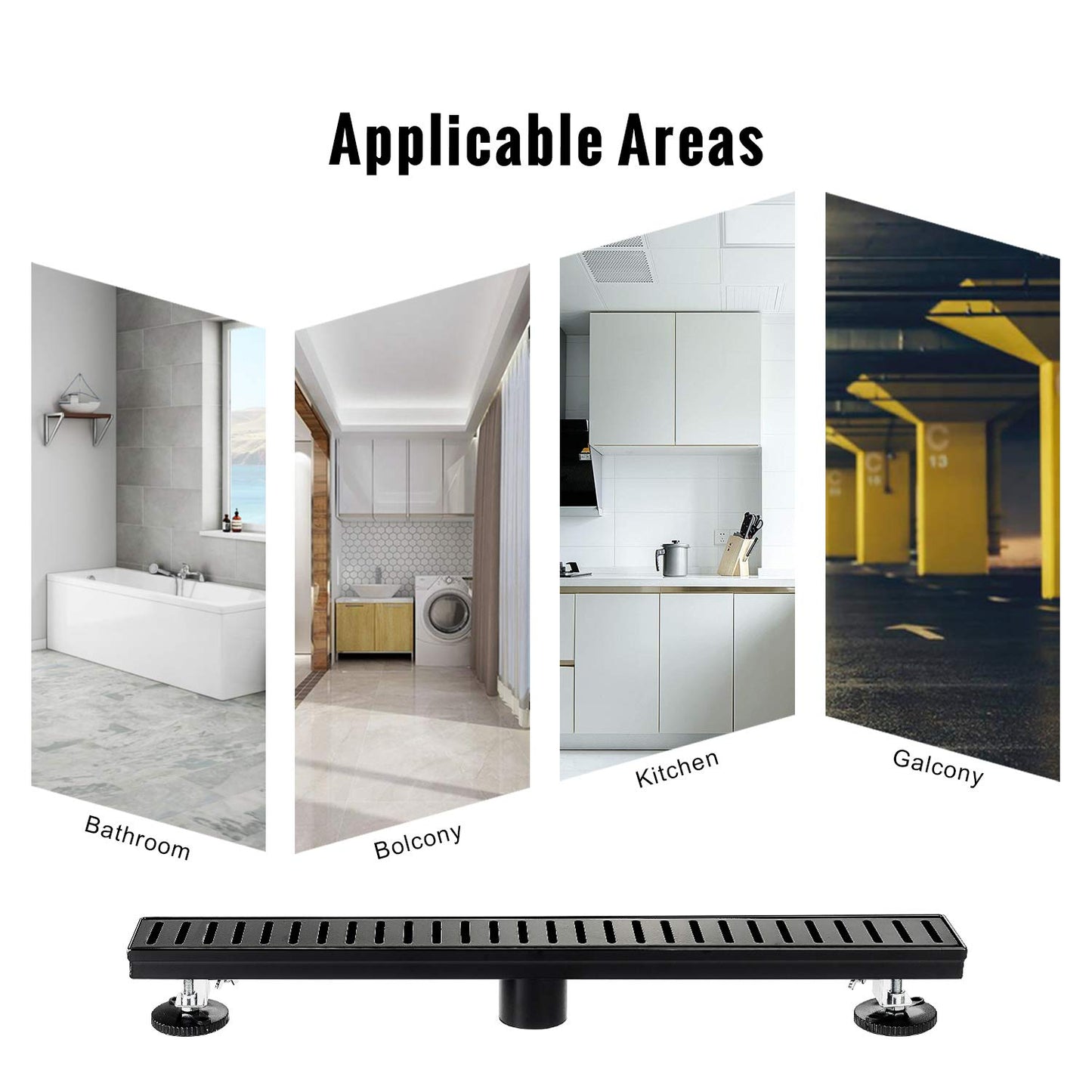 SaniteModar Linear Shower Drain 60 inch Matte Black with Removable Capsule Pattern Grate,Brushed 304 Stainless Steel Shower Drain Include Hair Strainer,Adjustable Leveling Feet