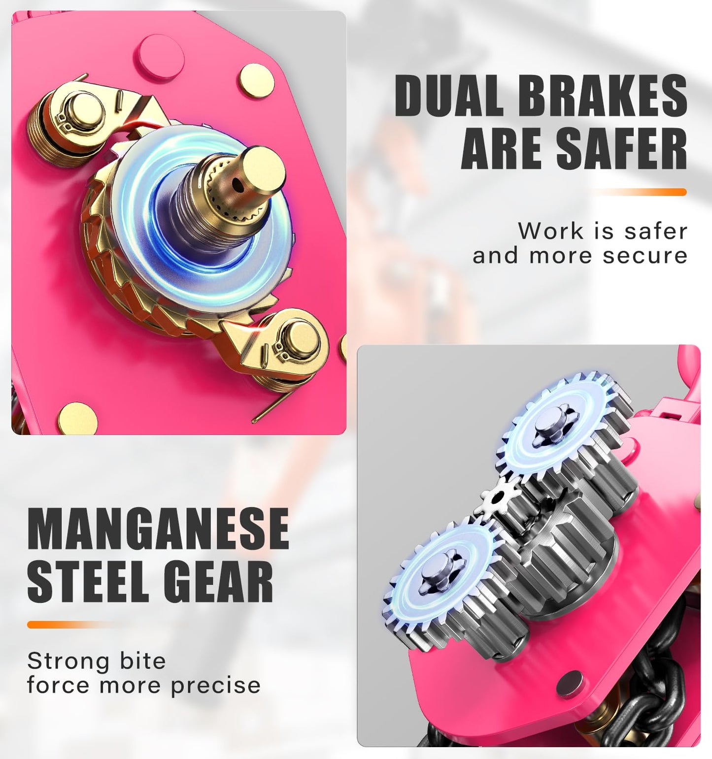 HUGOASIS 1-1/2 Ton 3300lbs Lever Chain Hoist Capacity 10ft,Chain Come Along with Dual Brake System, G80 Manganese Steel Chain, 2 Heavy Duty Hooks for Garages Warehouse Automotive Machinery – Pink