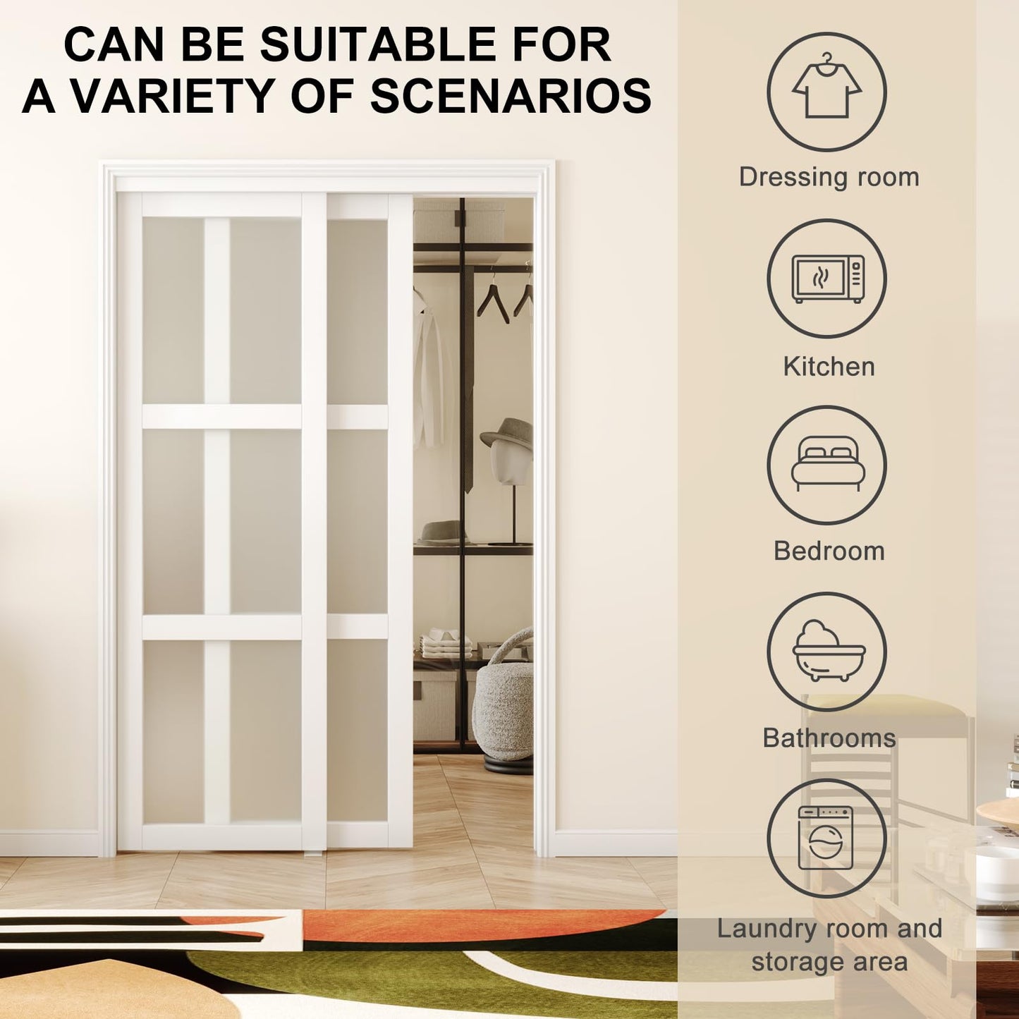 ARKHJEM Double Sliding Closet Door, 96" × 80"(Double 48" × 80"), Double Frosted 3 Panel Glass Sliding Door, Hardware Include, Pre-Drilled Panel Need to Assemble, MDF, White