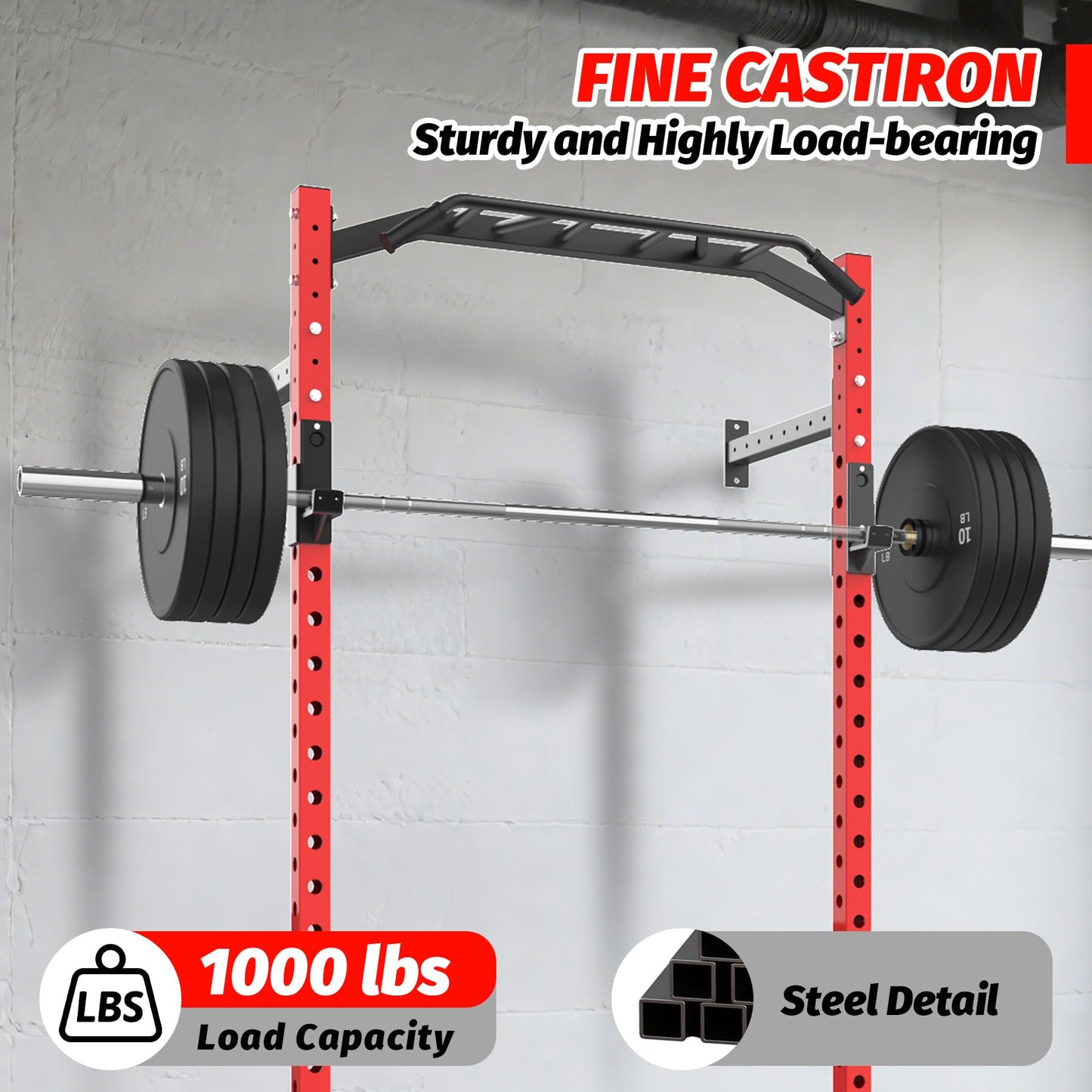 Garvee Wall Mounted Power Rack, 1600LB Commercial Squat Rack for Home Gym with Multi-Grip Pull Up Bar, j-Cups & Landmine Attachment for Home and Garage Gym