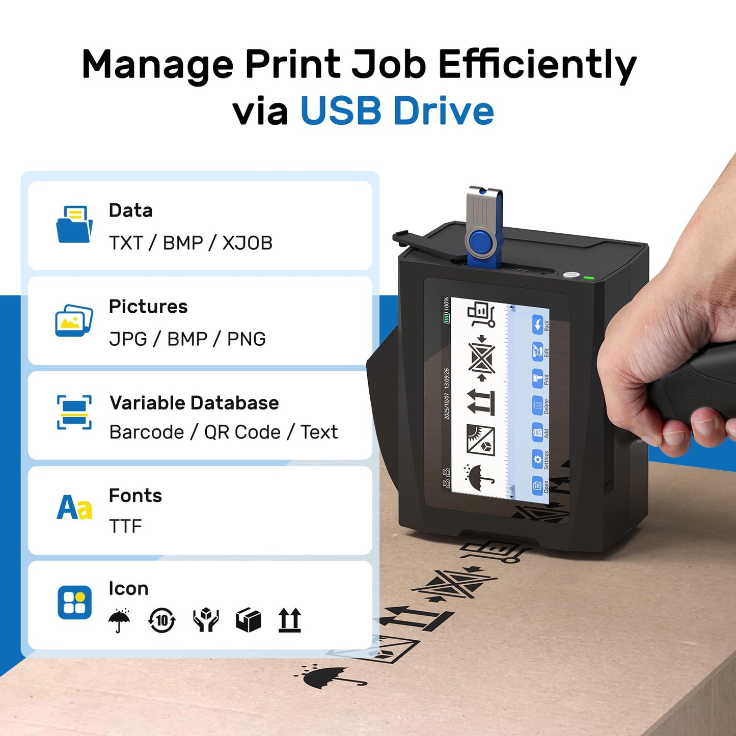 BENTSAI B45 Handheld Inkjet Printer with 2 Inch Print Height for High Definition Batch Coding EXP Date Marking Product Labeling on Carton Wood Plastic Metal Fabric Glass Aluminum