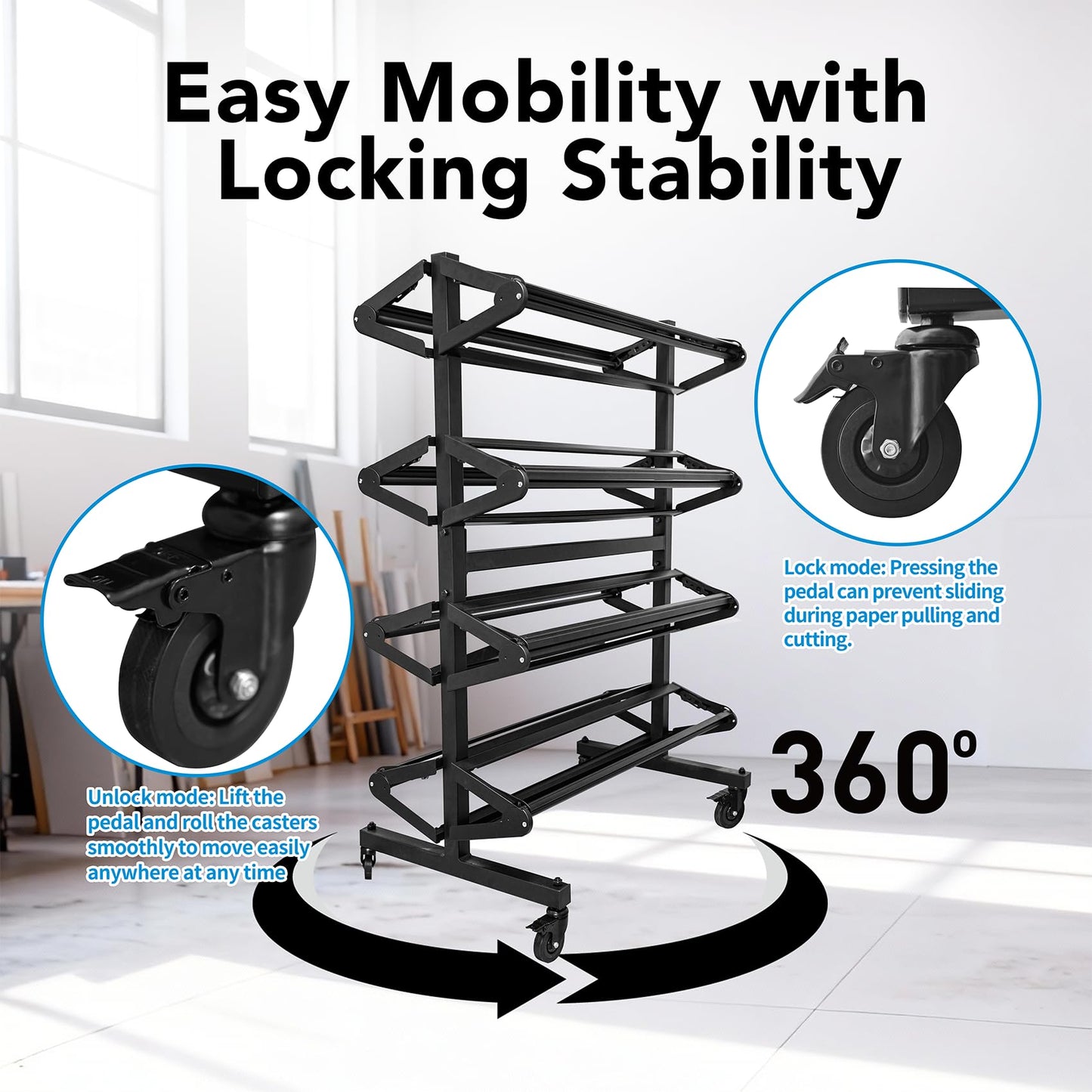 Paper Roll Holder 8-Rack Mobile Large Paper Roll Dispenser for 36 Inch Kraft, Gift Wrap, Art Paper & Vinyl Rolls, Heavy-Duty with Locking Casters for Classroom & Studio Use