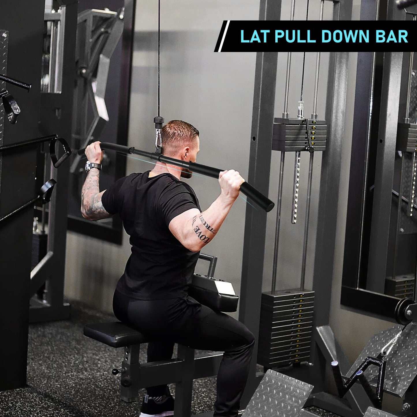 LAT Pull Down Bar, Detachable LAT Pulldown Attachment with Swivel Joint Wide Grip LAT Pulldown Bar for Cable Machine Home Gym Accessories, Muscle Training (48 Inch)