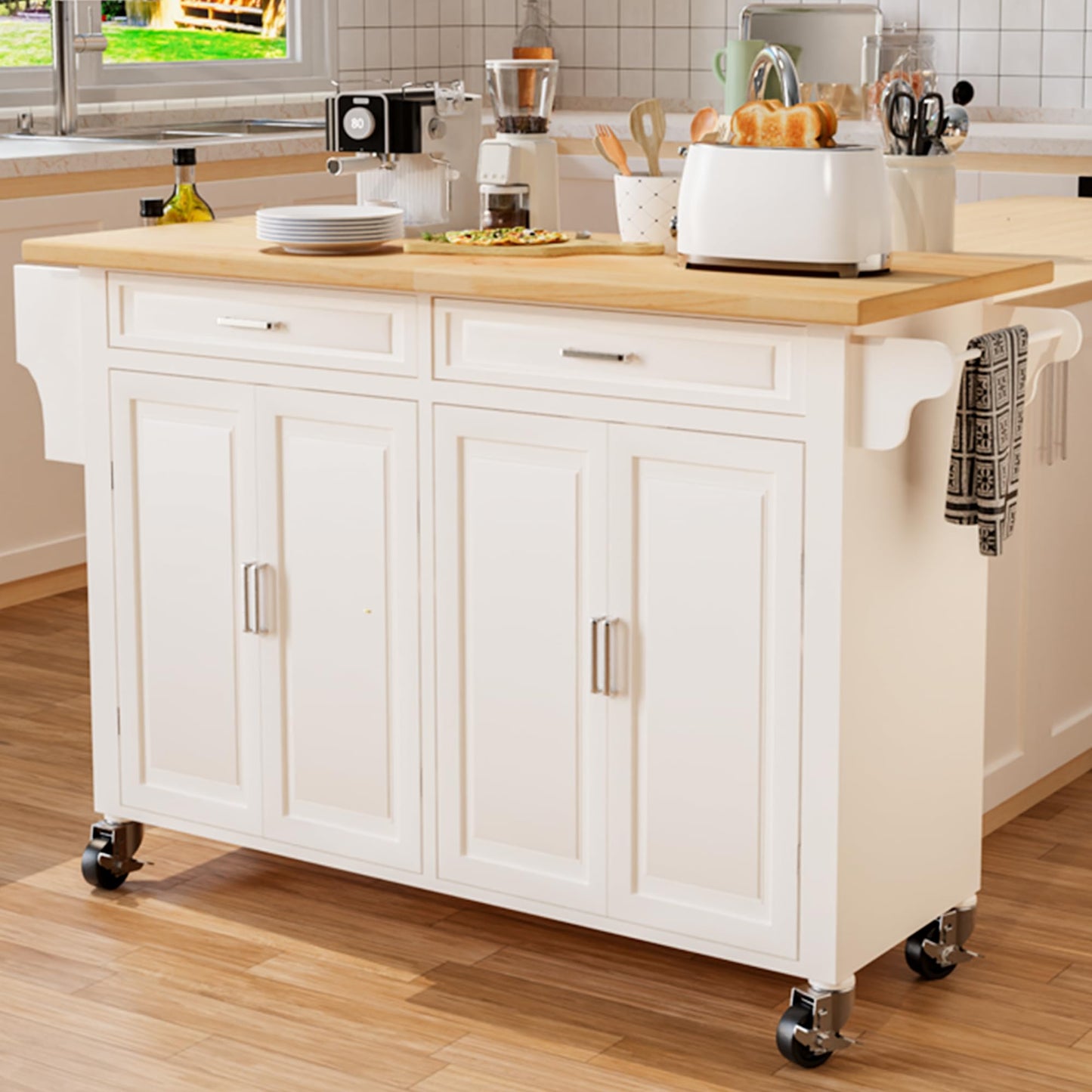 HiDSLiving Kitchen Island with Storage 54" Large Rolling Kitchen Island Cart On Wheels 2 Cabinets 2 Drawers,Spice Towl Rack Mobile Kitchen Table White (No Drop Leaf)