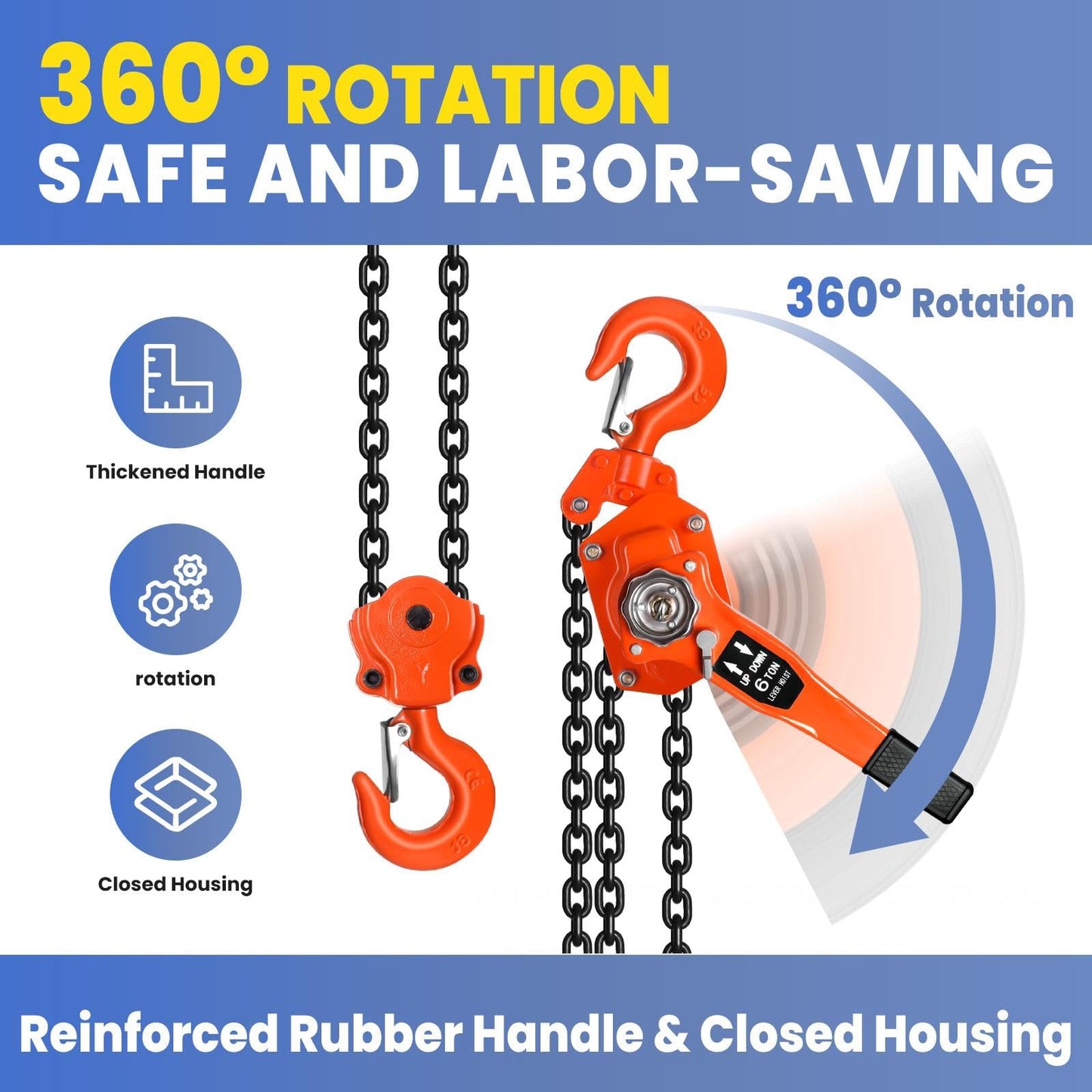 13200lbs Capacity Chain Lift, Heavy Duty G80 Steel Lever Hoist with Dual Brake System and 360° Hook, Durable Come Along for Garage and Farm (6Ton10FT)