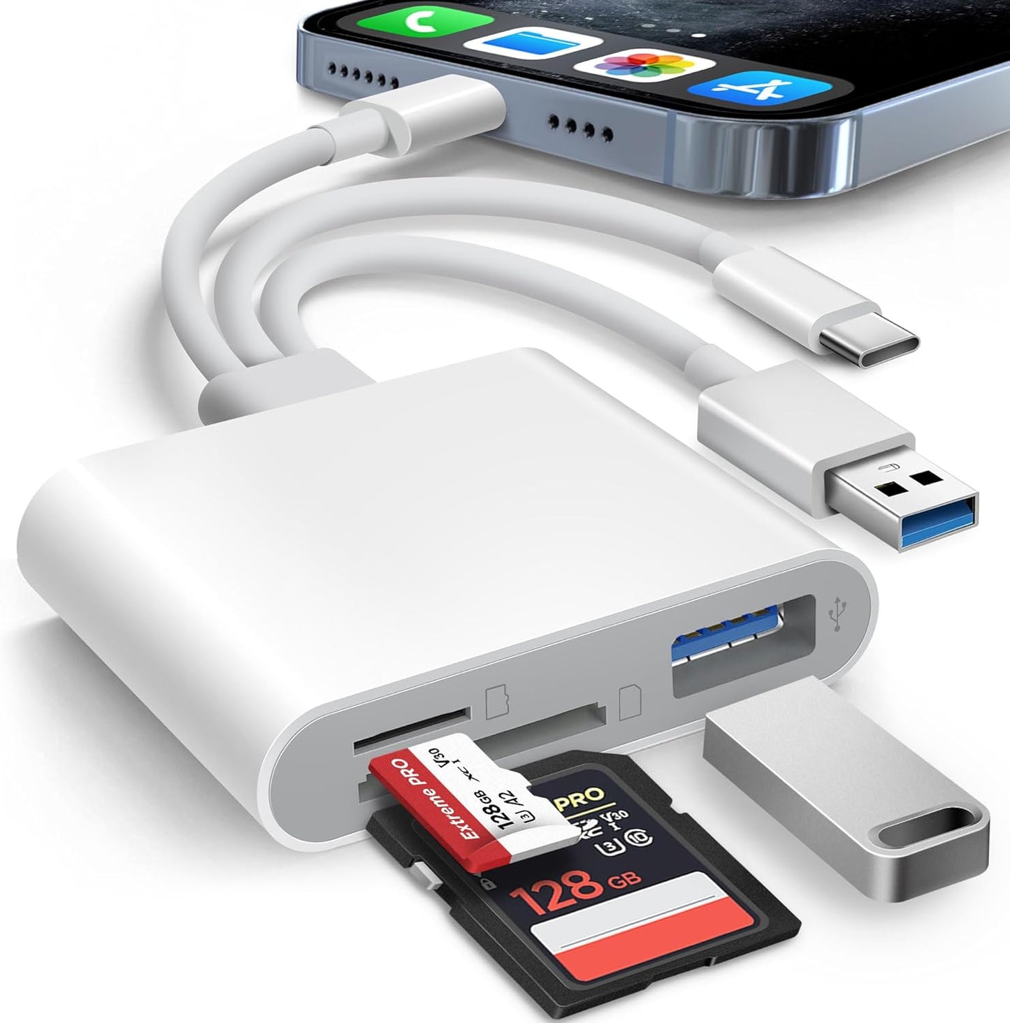 AkHolz 3-in-1 3 SD Card Reader for iPhone iPad Mac Trail Game Camera Viewer Built-in Connector (Lightening, USB-C