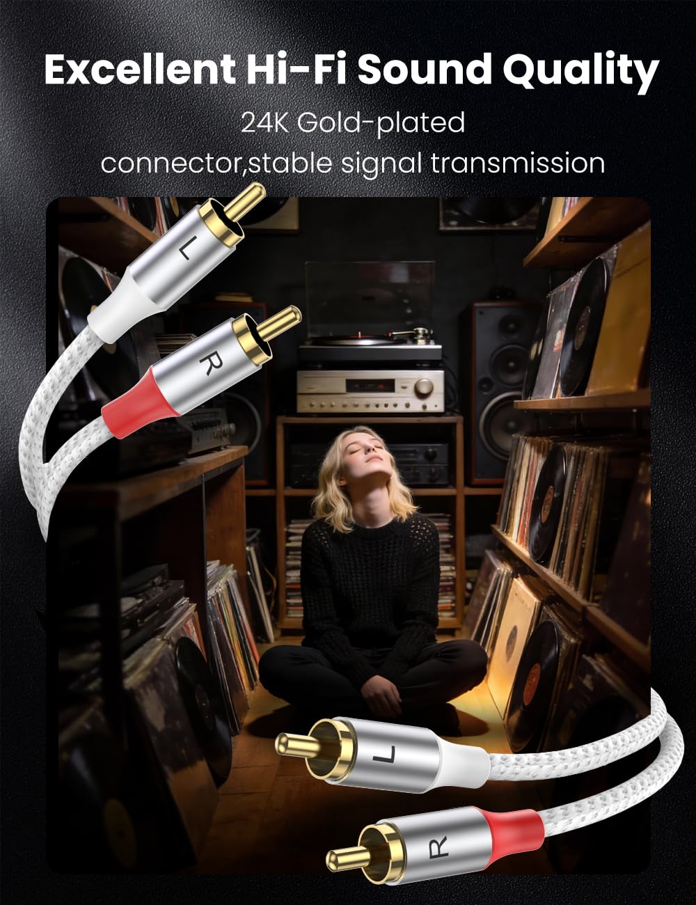 33Ft, 2 2 24K MOSWAG RCA Cables RCA Male to RCA Male Audio Cable Long, OFC Conductors, Gold Plated Nylon Braided RCA