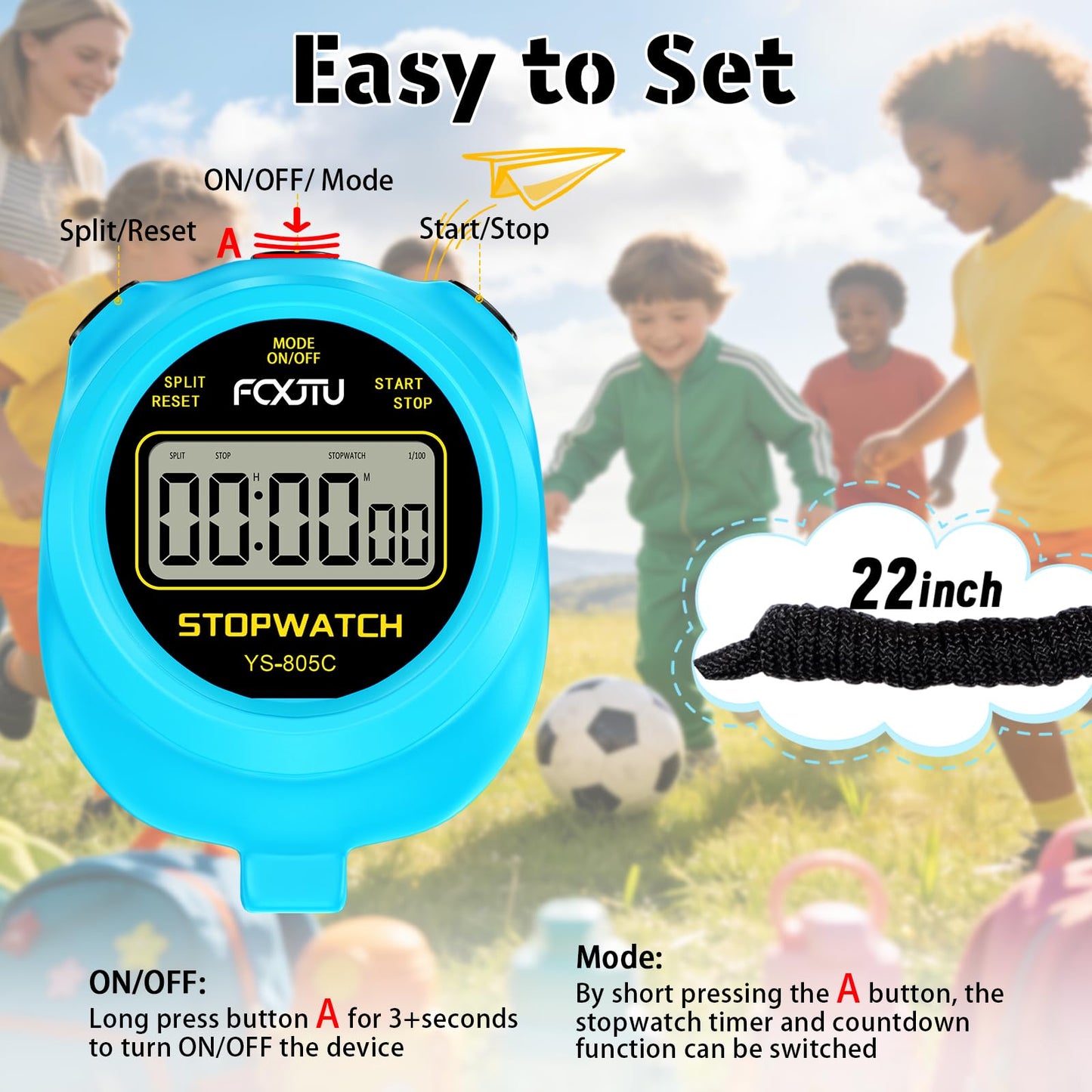 FCXJTU Simple Stopwatch Timer, Single Lap Stopwatch Countdown Timer, No Hourly Beep, On/Off, AAA Battery(Included), Large Display, Easy to Use, Ideal for Kids Sports Coaches Blue