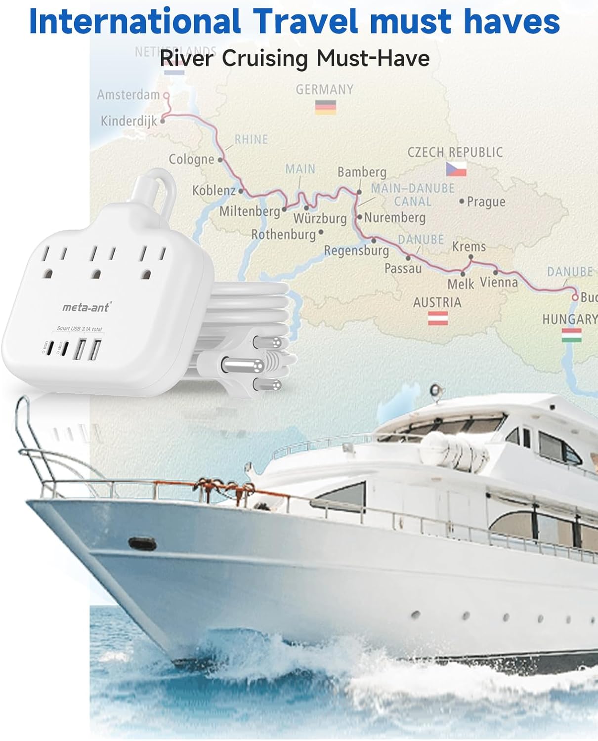 meta-ant 3 4 Ports(2 5FT US to India Plug Adapter, India Power Adapter with American Outlets USB Charger USB C), India