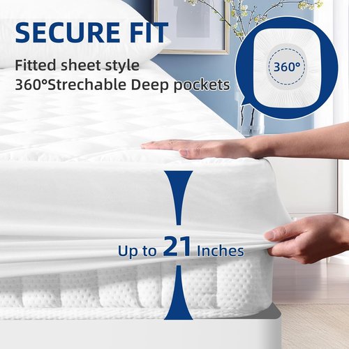 MEELUS Waterproof Mattress Protector - Breathable Padded Cover with Deep Pocket (8"-21") | Soft, Noiseless & Washable for Home or Hotel