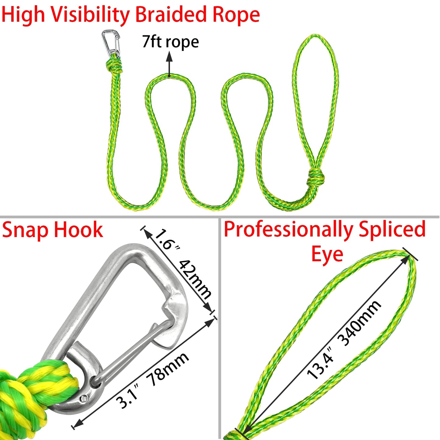 ISURE MARINE Kayak Tow Rope with Clip Dock Lines Heavy Duty Braided Line Ideal for Jet ski,watercraft Boat, Kayaking, Marine Sets of Two Ropes 1/2 Inch Diameter x 7ft Lengths Green