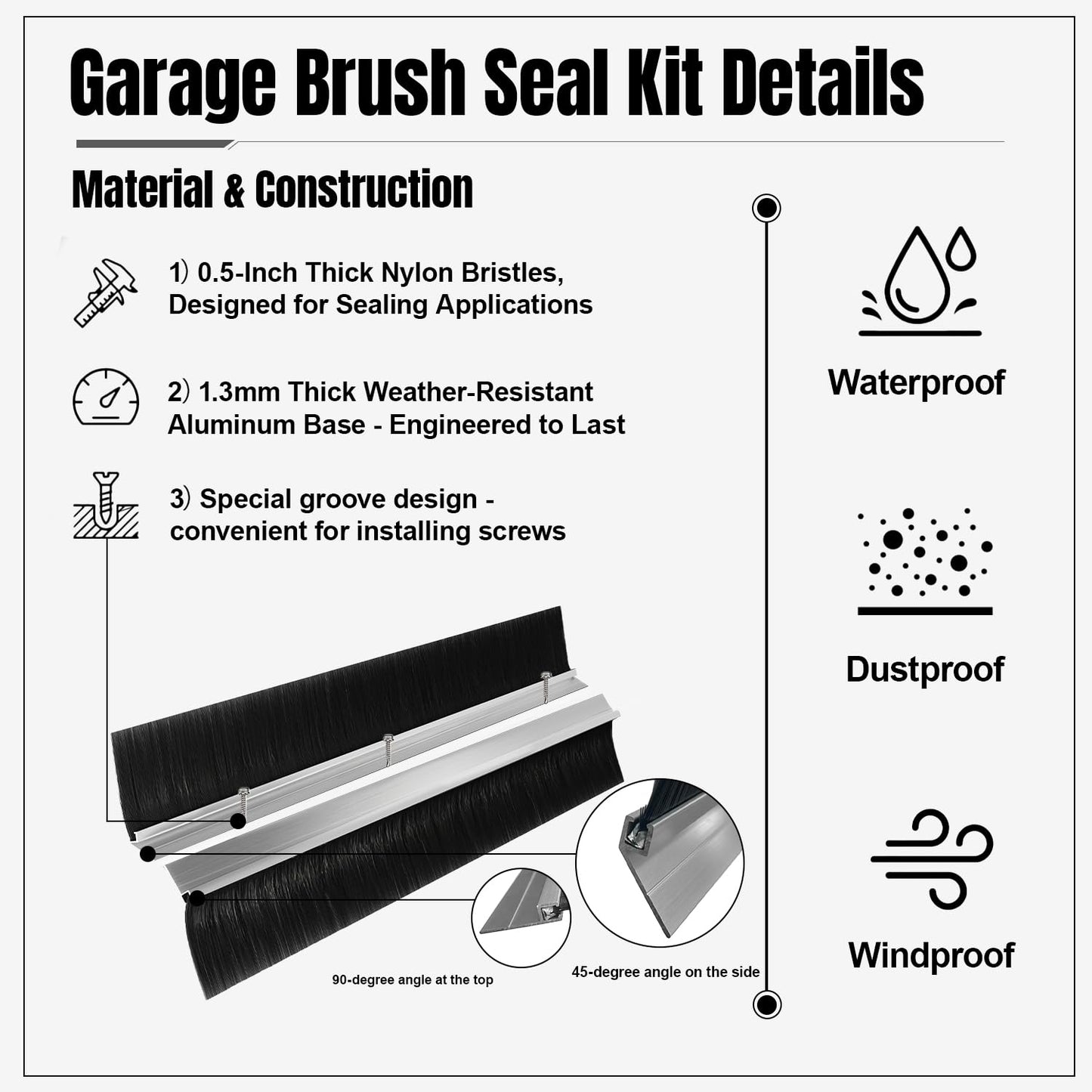 POOAMY 3" Garage Door Brush Seal for Top, Roll Up Doors 8 x 8ft, Nylon Brush with Aluminum Alloy Base, Ideal for Exterior Commercial Door, Warehouse and Industrial Use, Easy Mounting, Black&Silver.