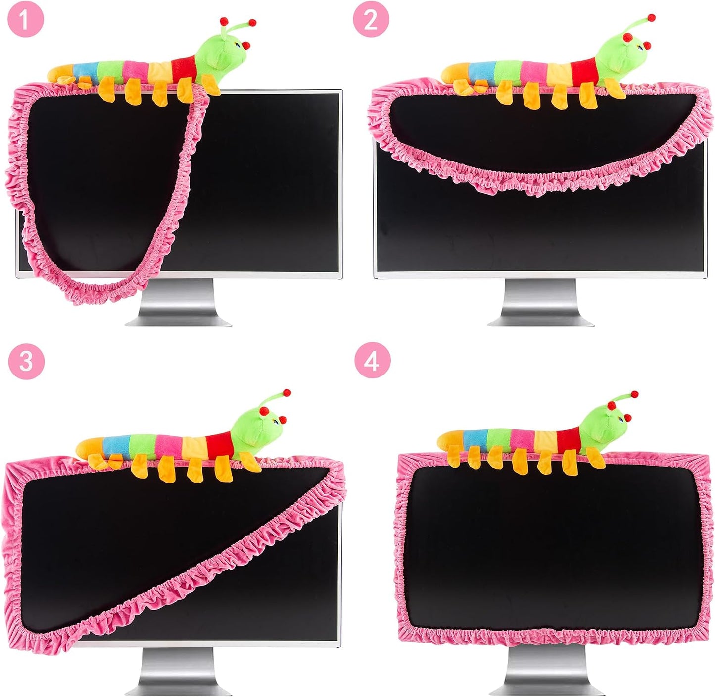 23"-27" Lovely Cute Caterpillar Computer Monitor Cover with Elastic, TV LCD Screen Monitor Decoration Dust Cover